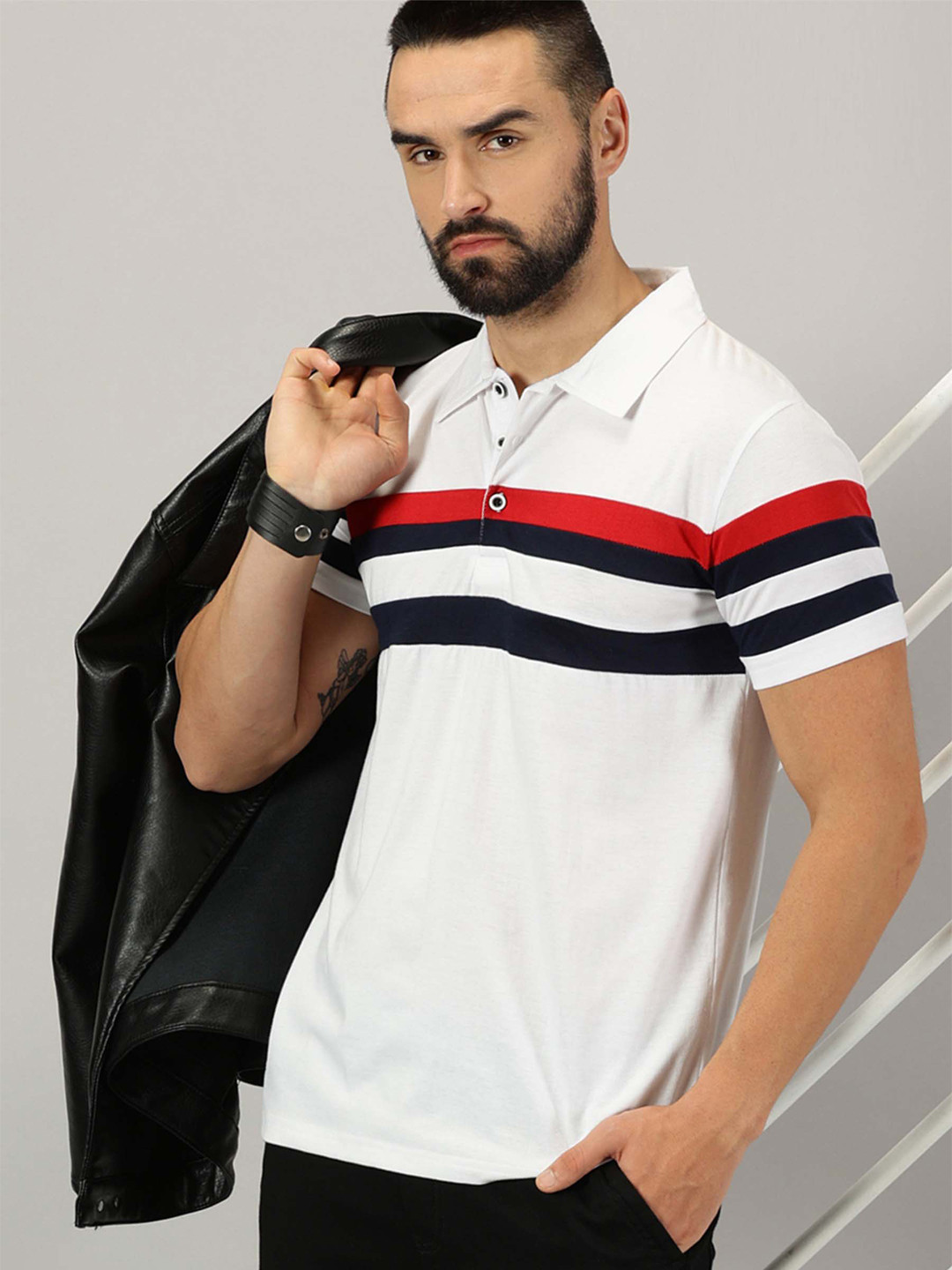 

AUSK Striped Polo Collar Cotton T-shirt, White