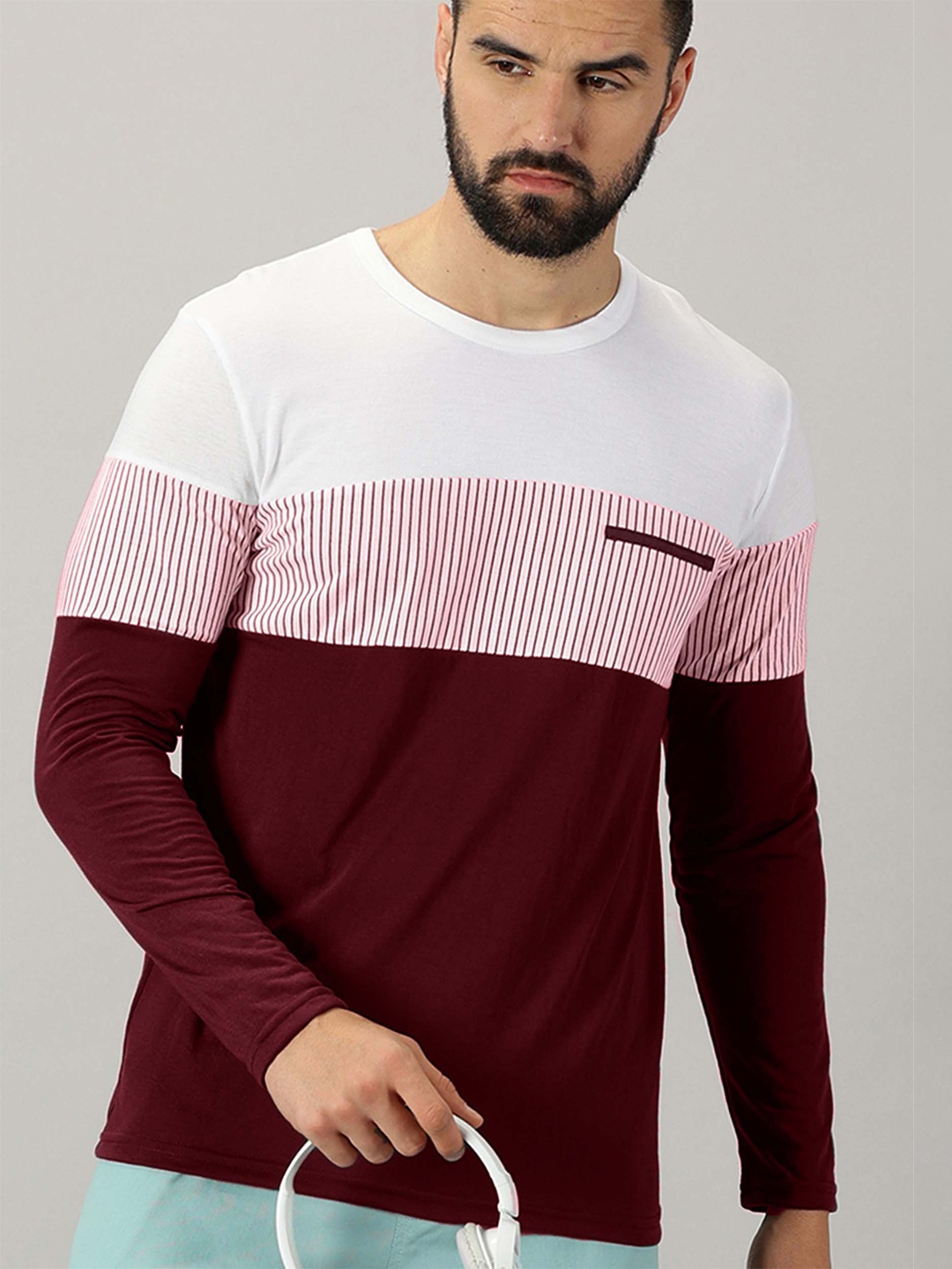 

AUSK Men Colourblocked Long Sleeves Cotton T-shirt, Red