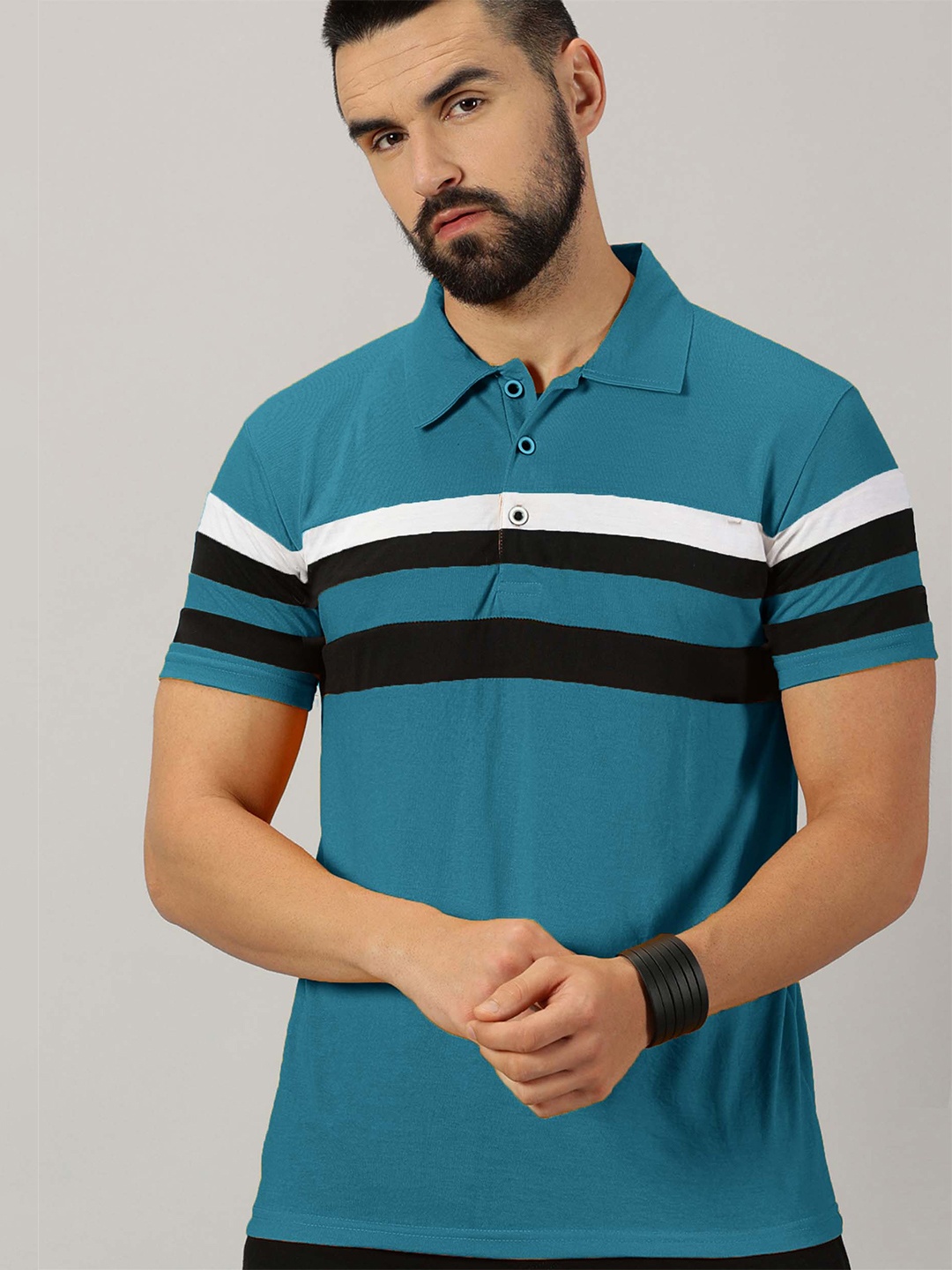 

AUSK Striped Polo Collar Cotton T-shirt, Teal