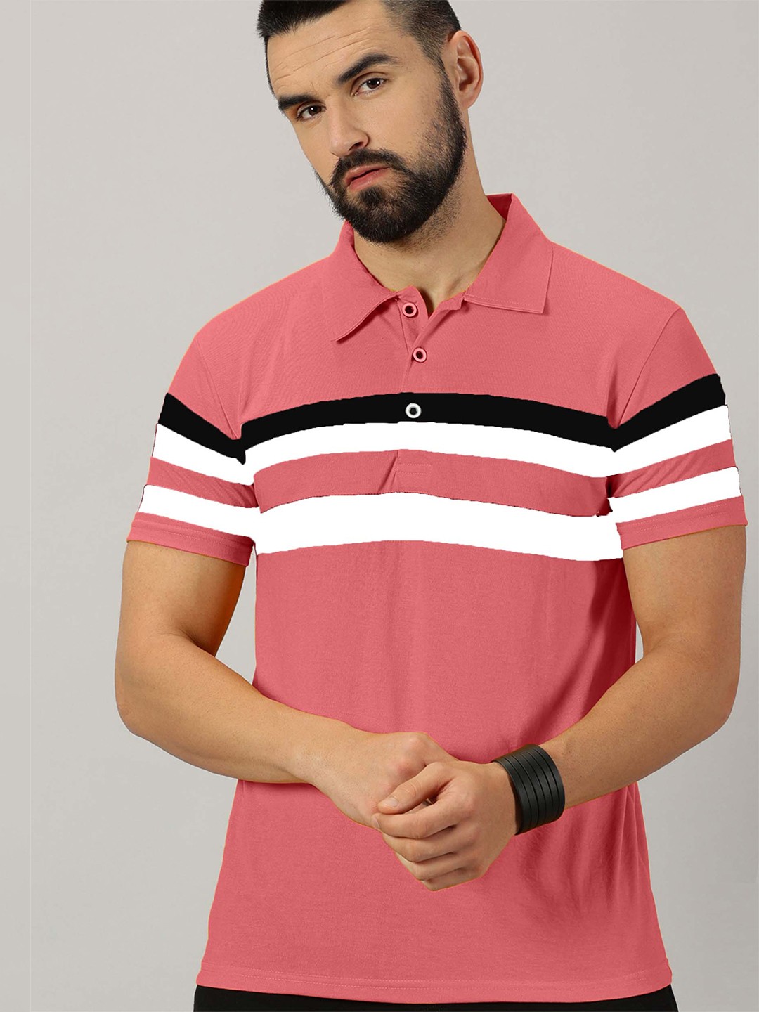 

AUSK Striped Polo Collar Short Sleeves Cotton T-shirt, Pink