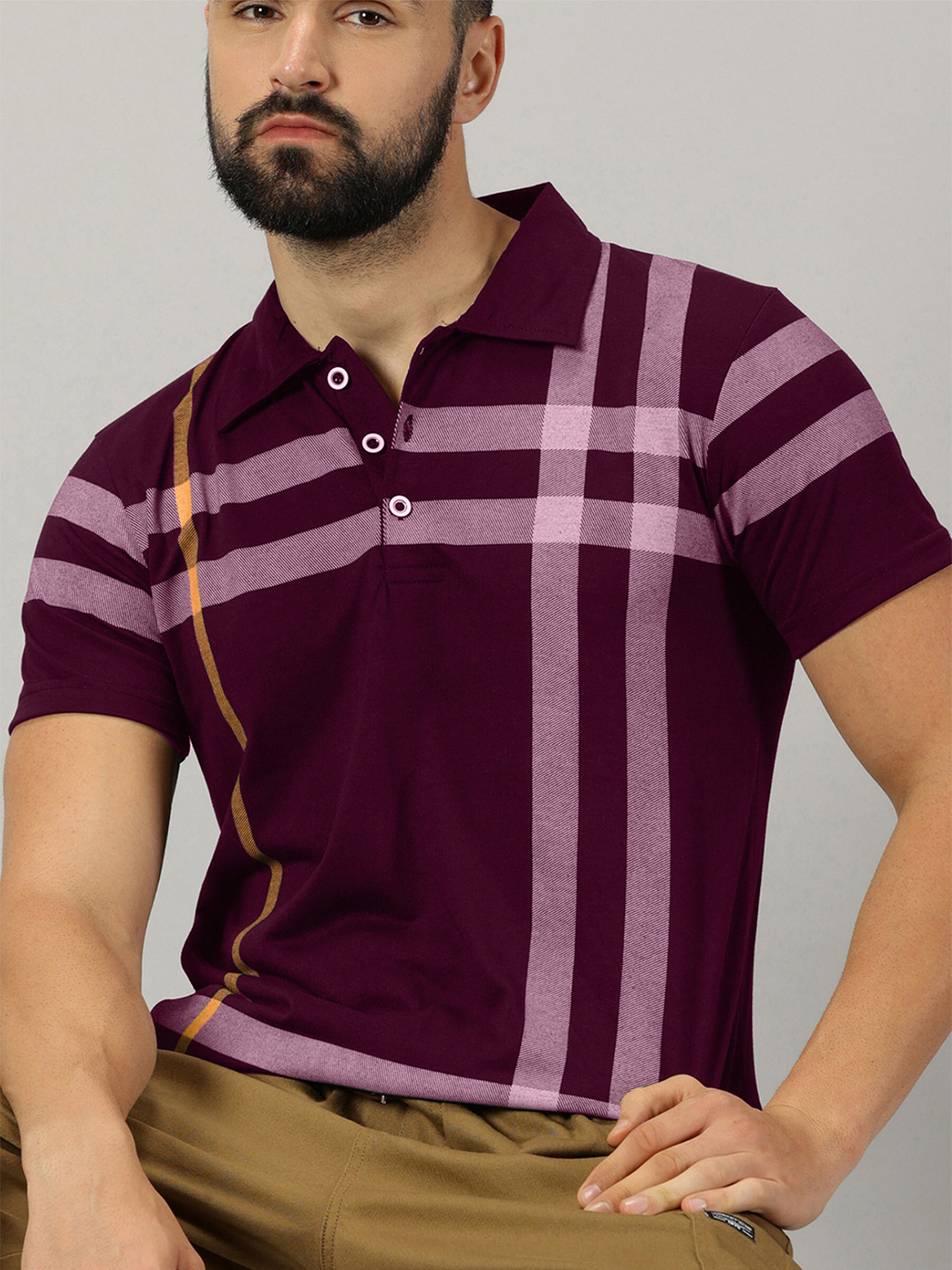 

AUSK Striped Polo Collar Cotton T-shirt, Purple
