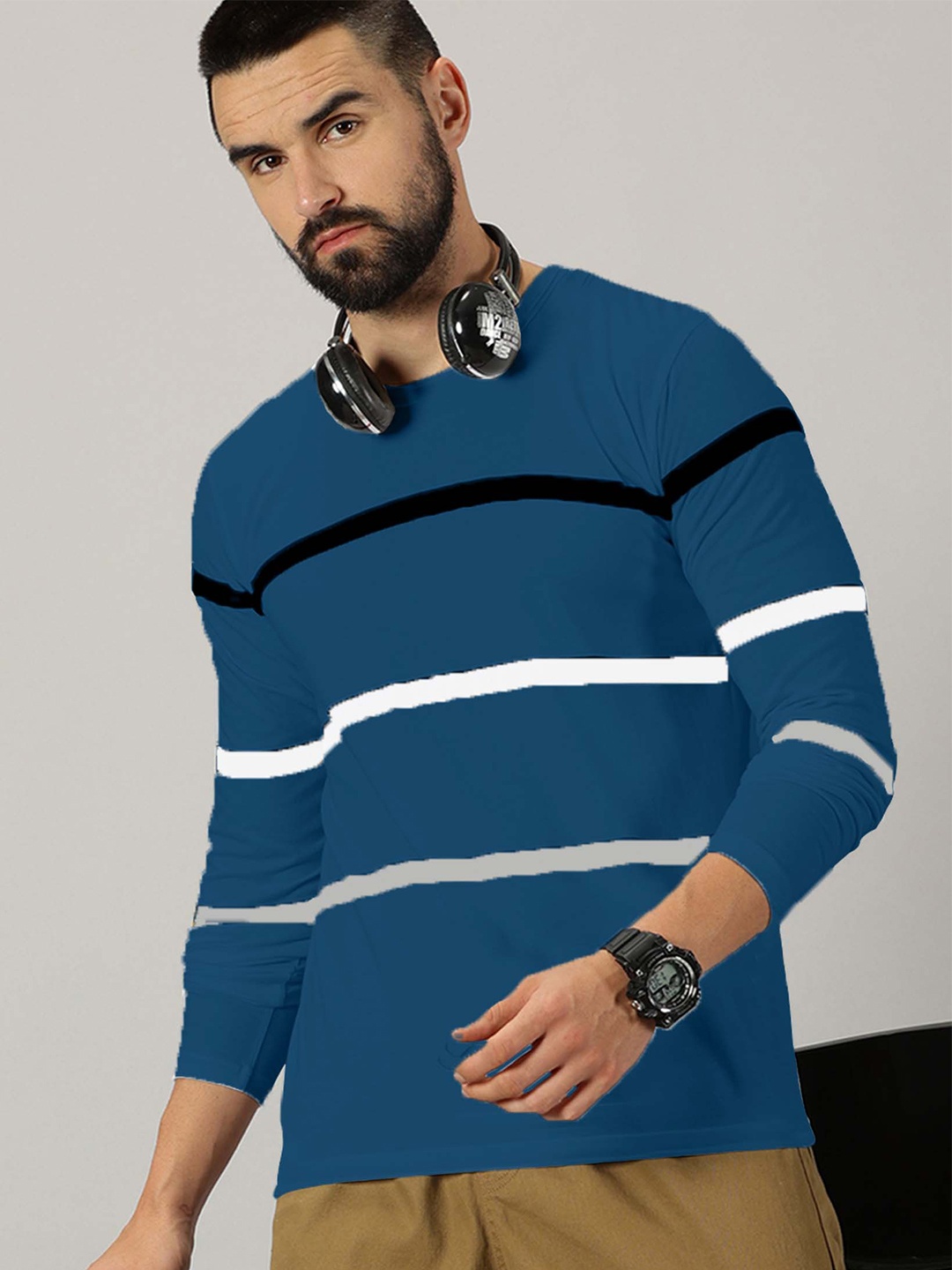 

AUSK Striped Round Neck Long Sleeves Regular T-shirt, Blue