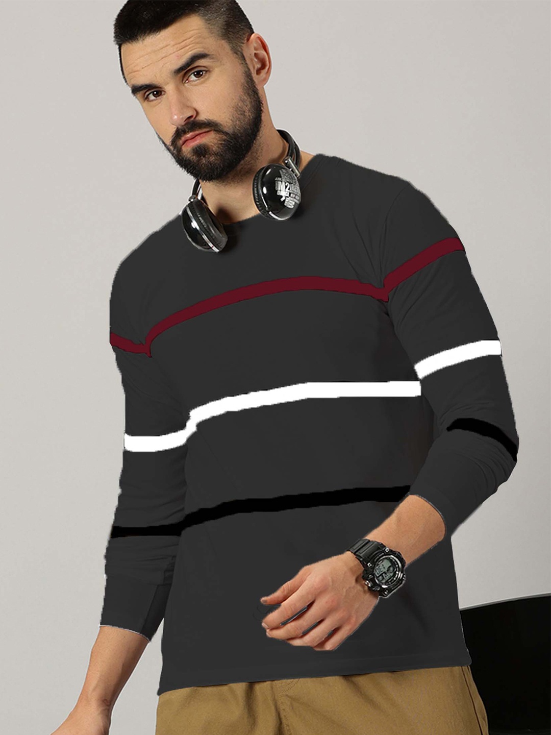 

AUSK Striped Round Neck Long Sleeves Cotton T-shirt, Charcoal