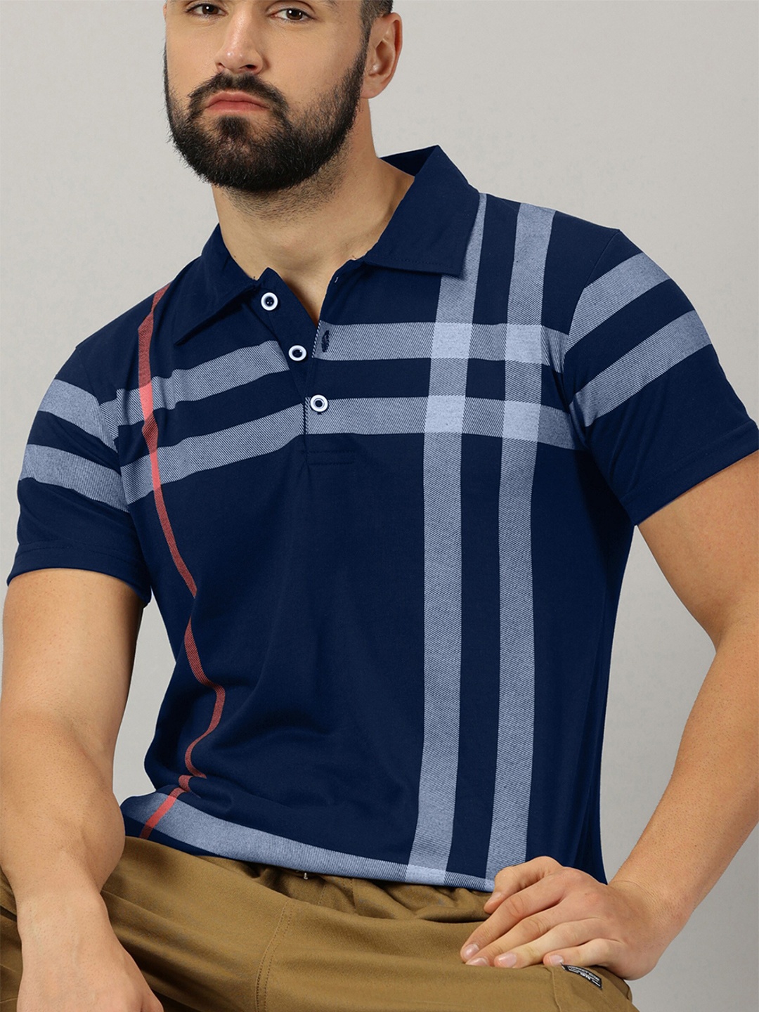 

AUSK Checked Polo Collar Short Sleeves Cotton T-shirt, Navy blue