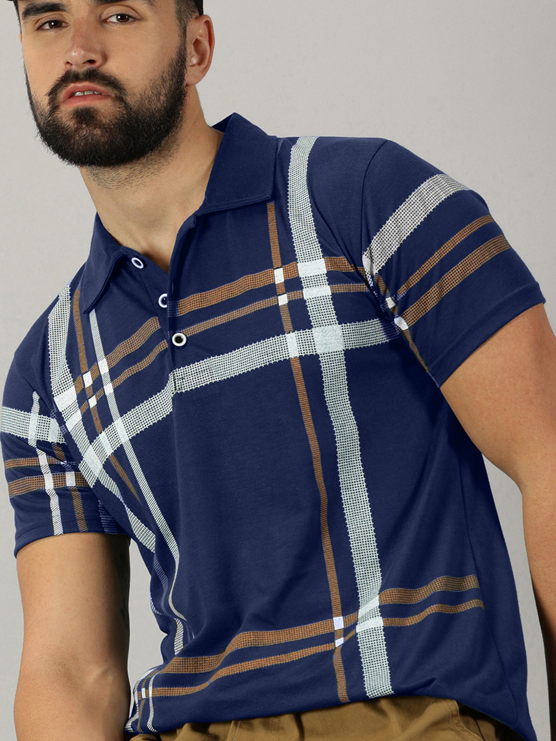 

AUSK Checked Polo Collar Short Sleeves Cotton T-shirt, Navy blue