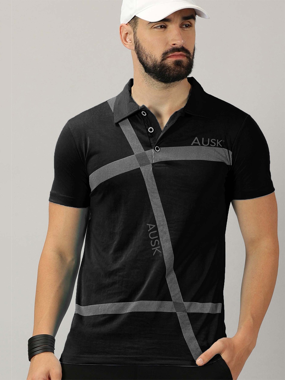 

AUSK Striped Polo Collar Cotton T-shirt, Black