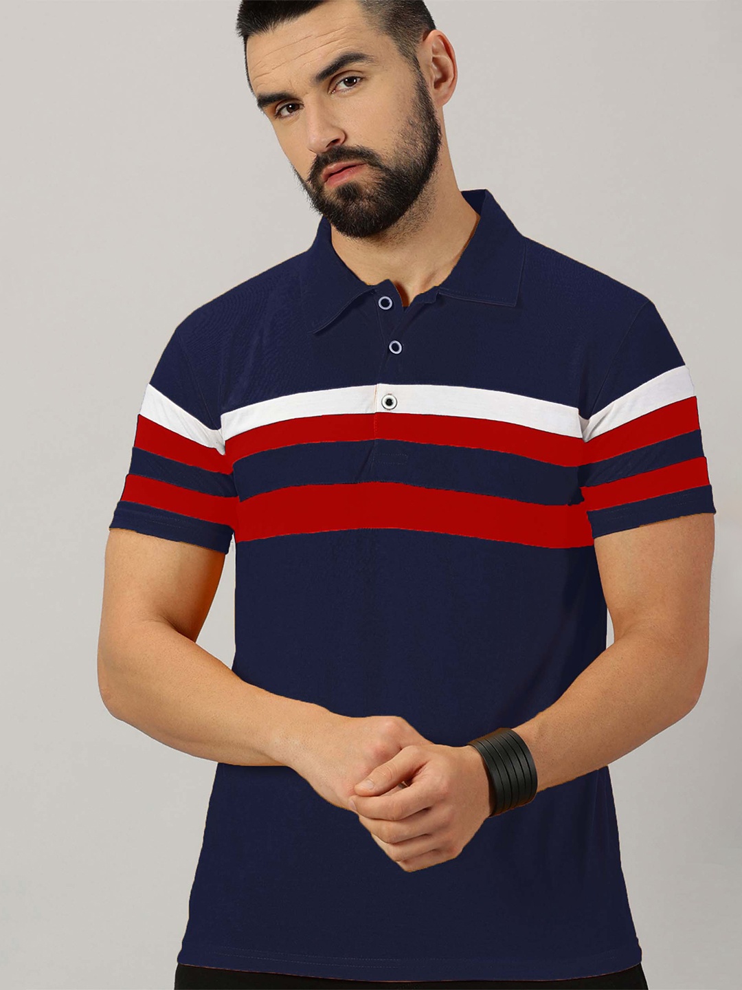 

AUSK Striped Polo Collar Cotton T-Shirt, Navy blue