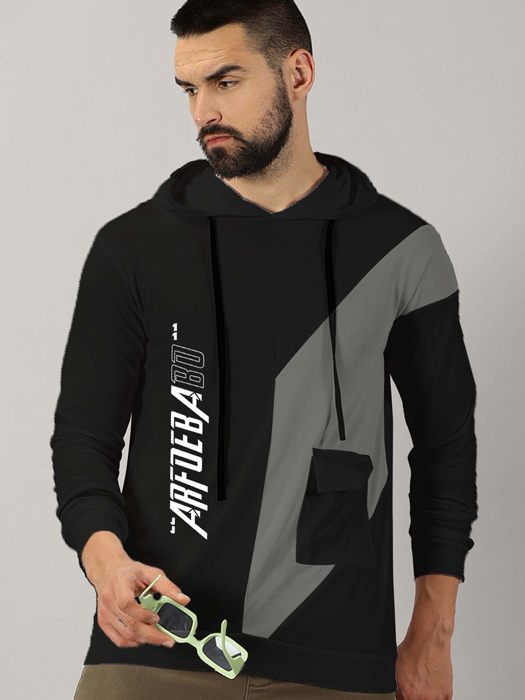 

AUSK Typography Printed Hooded Long Sleeves Cotton T-shirt, Black
