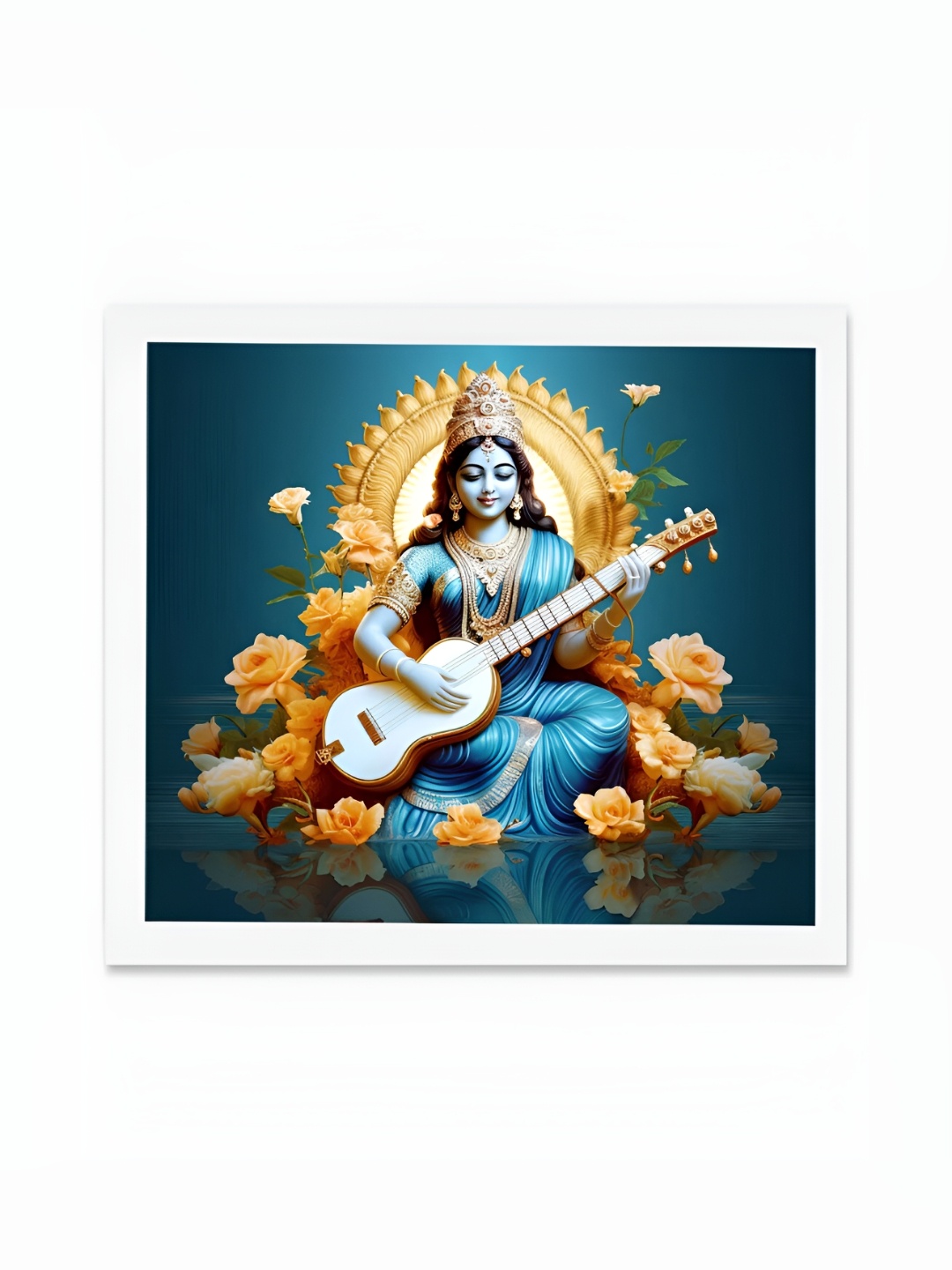 

DecorTwist Blue & White Religious Framed Poster Goddess Saraswati Wall Art