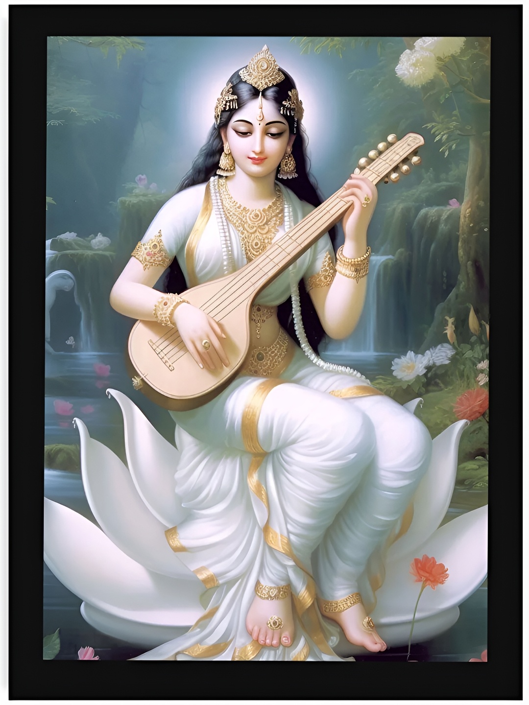 

DecorTwist White & Black Religious Framed Poster Goddess Saraswati Wall Art