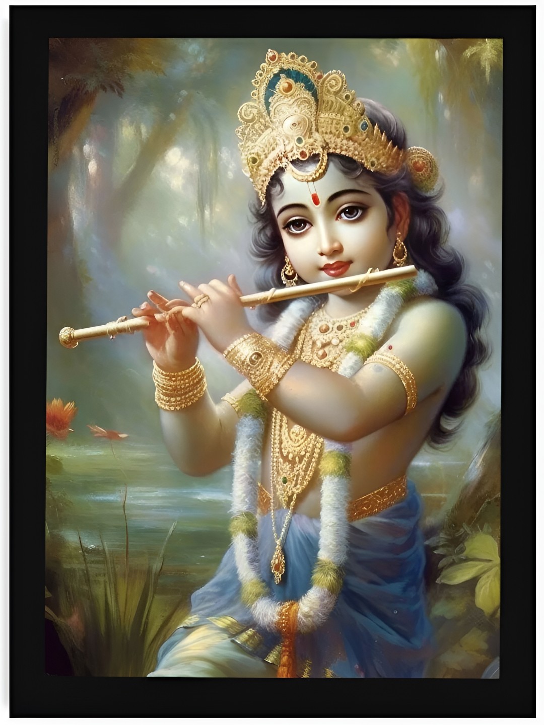 

DecorTwist Blue & Black Religious Framed Poster Lord Krishna Wall Art, Grey