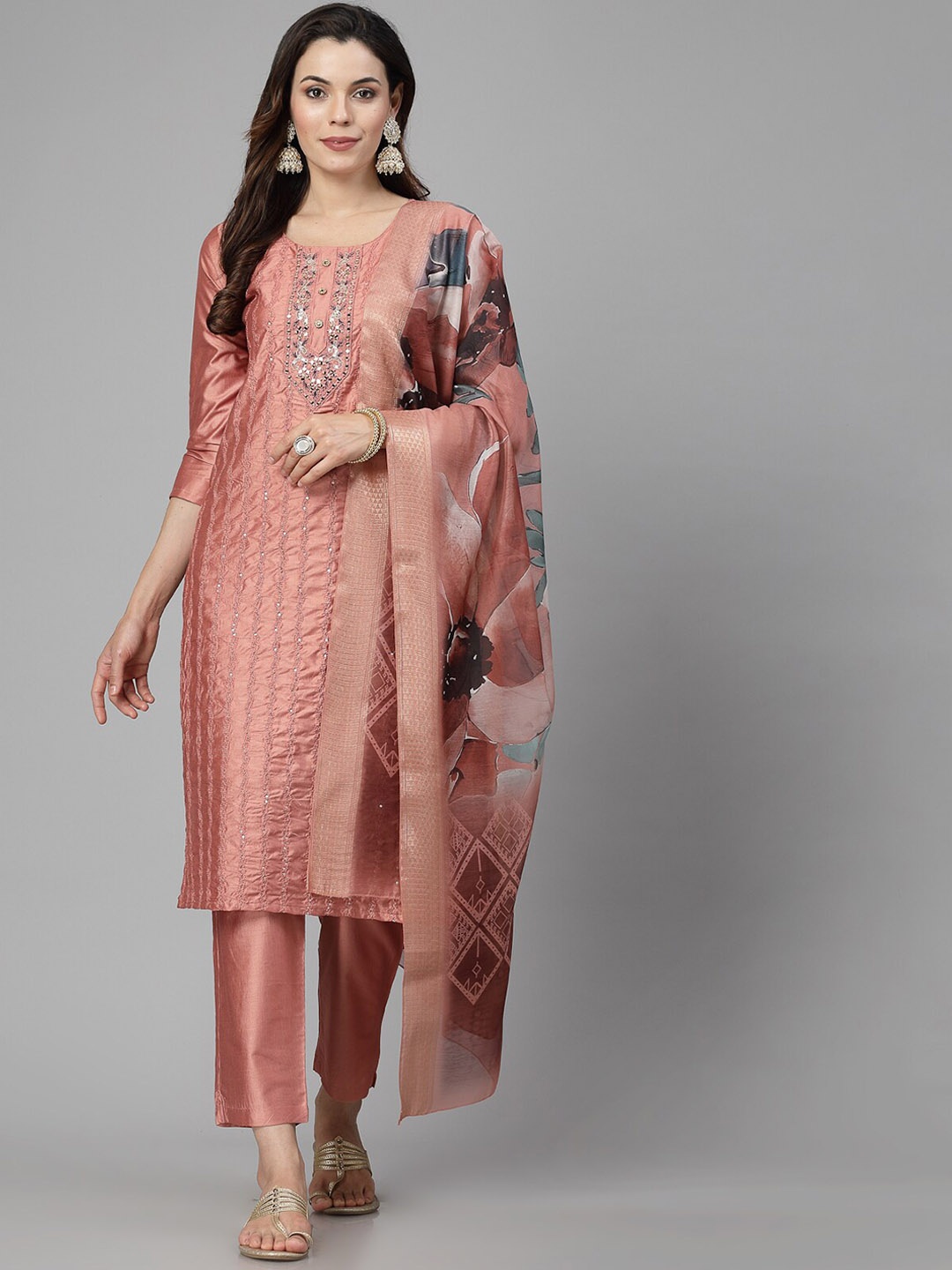 

18 ATTITUDE Embroidered Round Neck Three-Quarter Sleeves Kurta Set, Pink