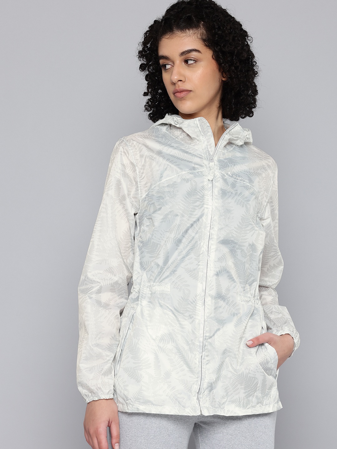 

Quechua By Decathlon Women White Full Zip Compact Waterproof Rain Jacket, Grey