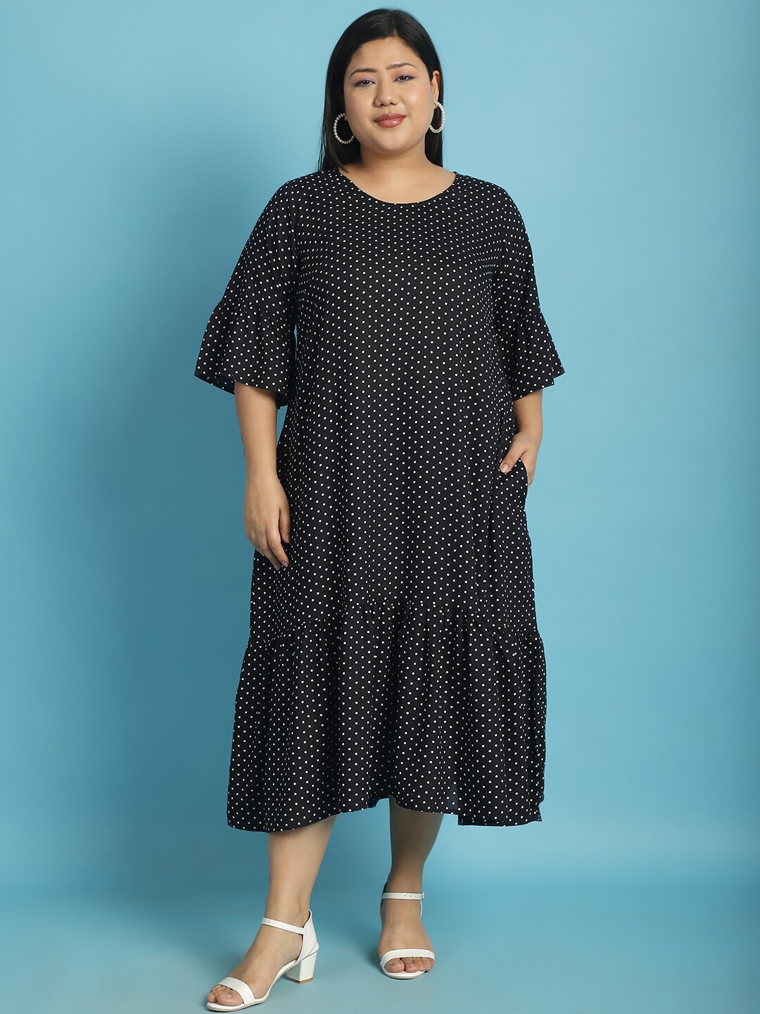 

theRebelinme Print Bell Sleeve Plus Size A-Line Midi Dress, Black