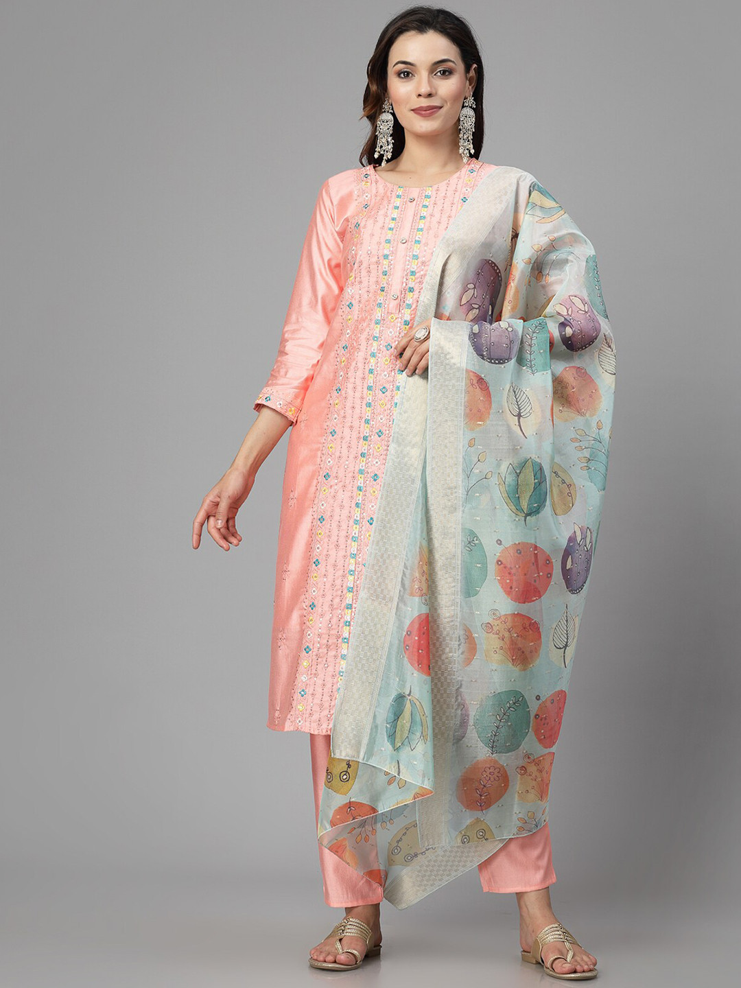 

KALINI Women Floral Embroidered Regular Sequinned Kurti with Trousers & With Dupatta, Peach