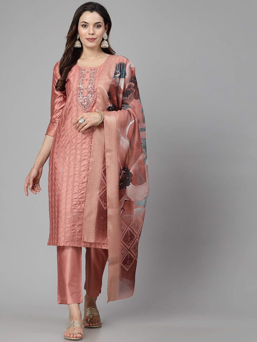 

KALINI Women Yoke Design Regular Mirror Work Kurti with Trousers & With Dupatta, Pink