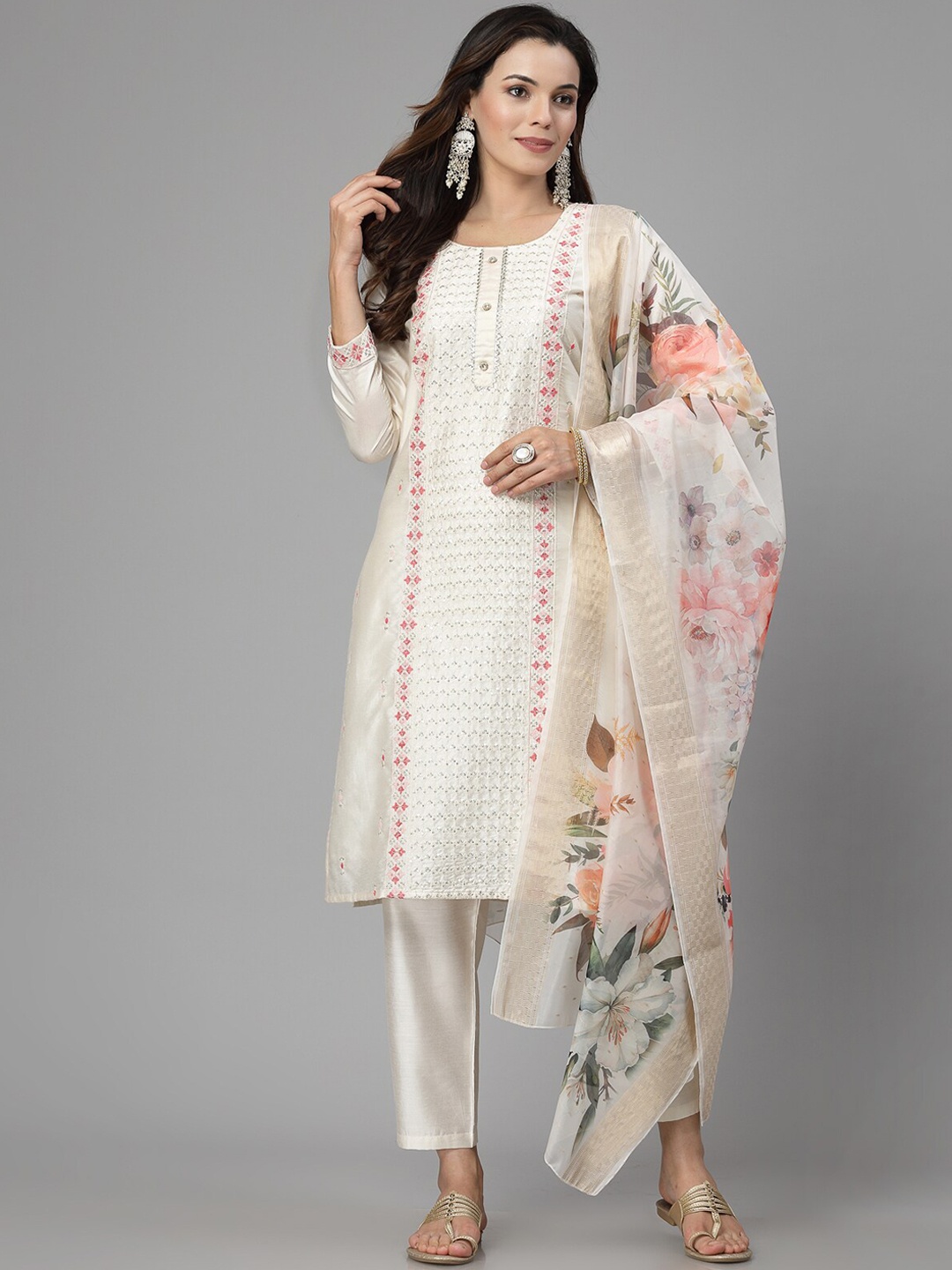 

KALINI Women Floral Embroidered Regular Sequinned Kurti with Trousers & With Dupatta, Off white