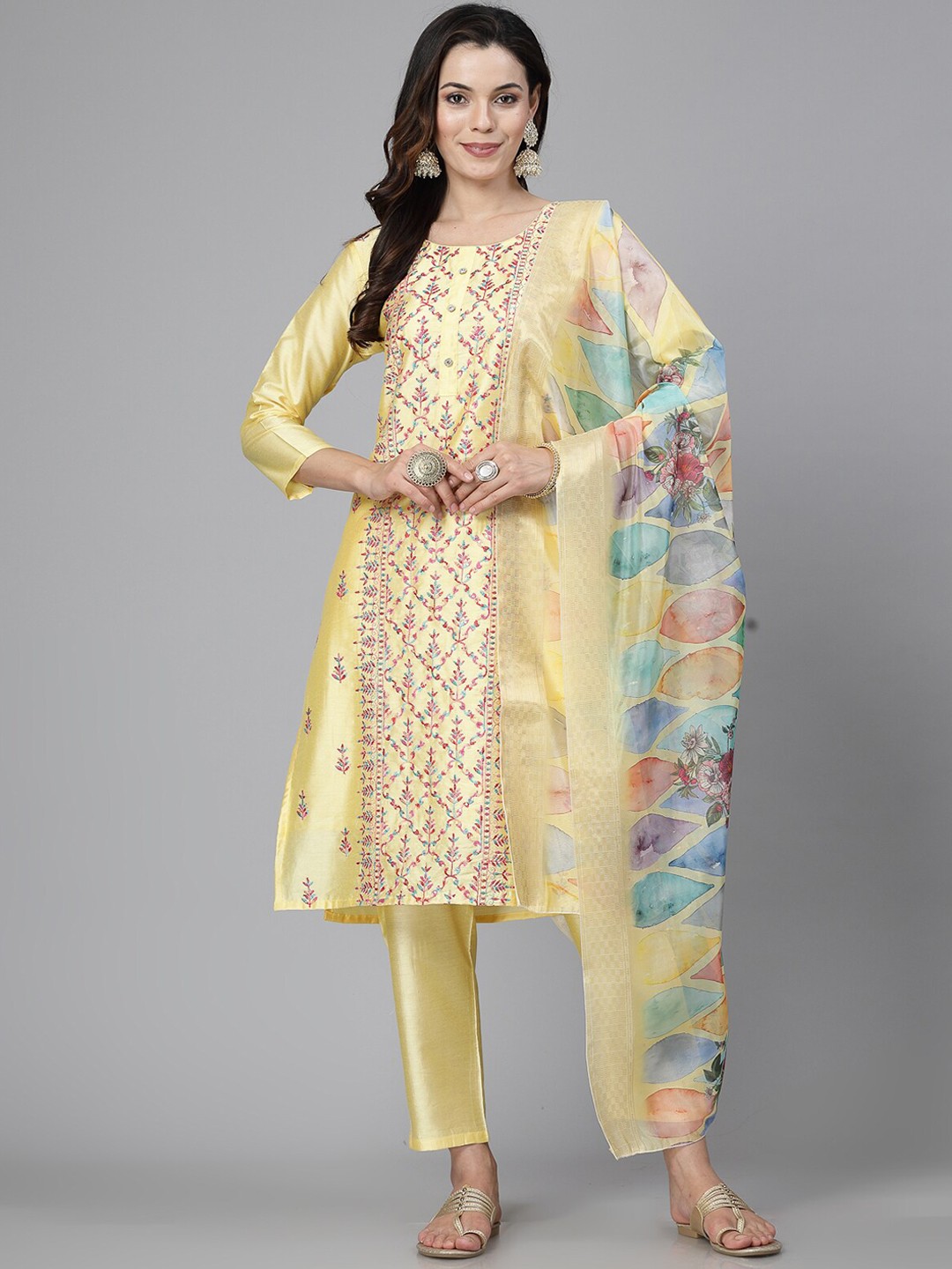 

KALINI Women Embroidered Regular Sequinned Kurti with Trousers & With Dupatta, Yellow