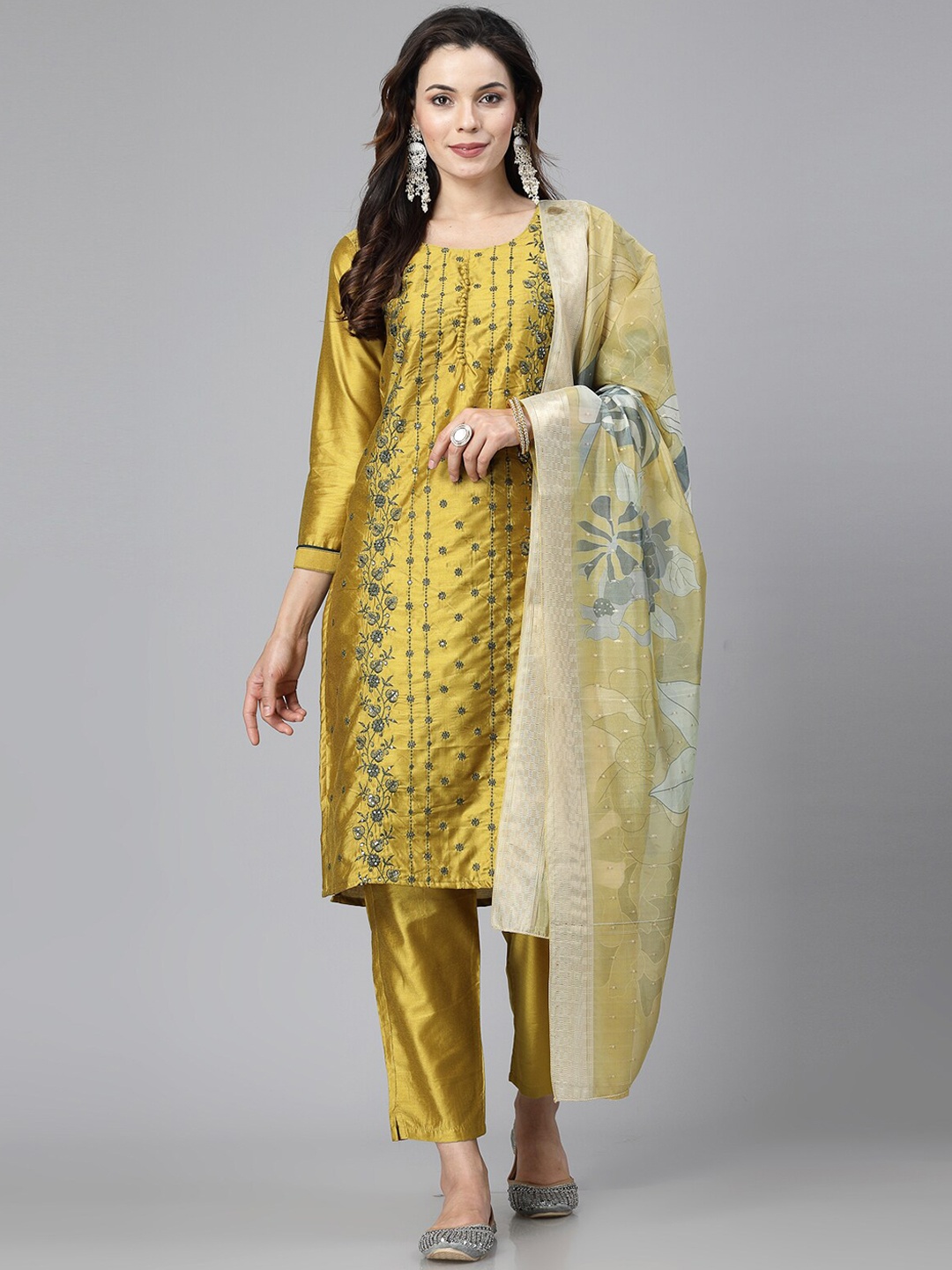 

KALINI Women Embroidered Regular Sequinned Kurta with Trousers & With Dupatta, Gold