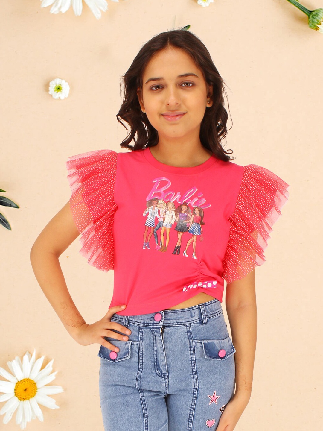 

CUTECUMBER Girls Embellished Flutter Sleeves Top, Fuchsia
