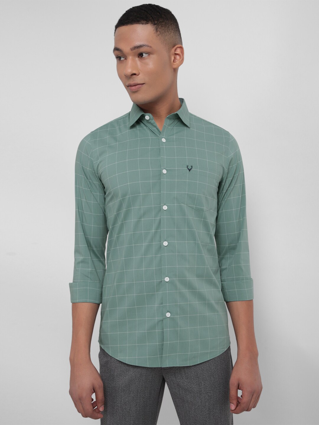 

Allen Solly Slim Fit Windowpane Checked Spread Collar Casual Shirt, Green