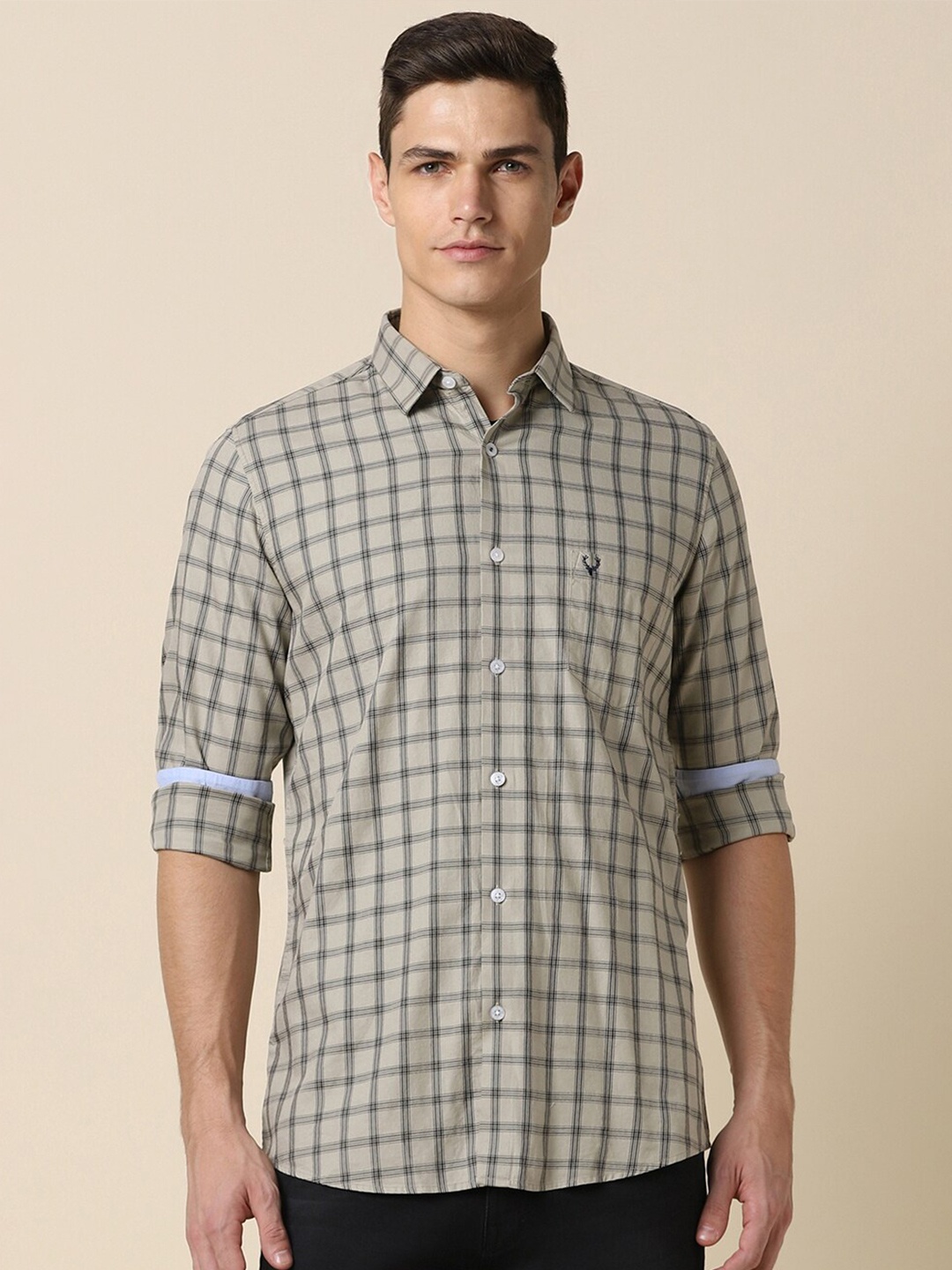 

Allen Solly Slim Fit Tartan Checked Spread Collar Cotton Casual Shirt, Green