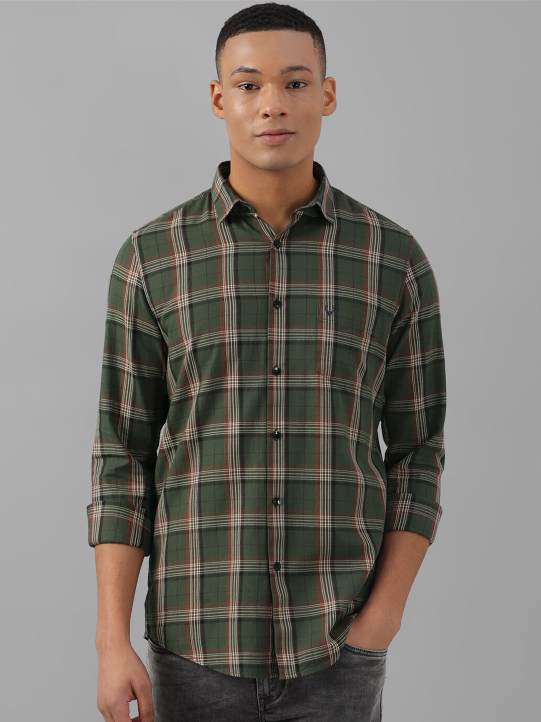

Allen Solly Slim Fit Tartan Checked Spread Collar Cotton Casual Shirt, Green