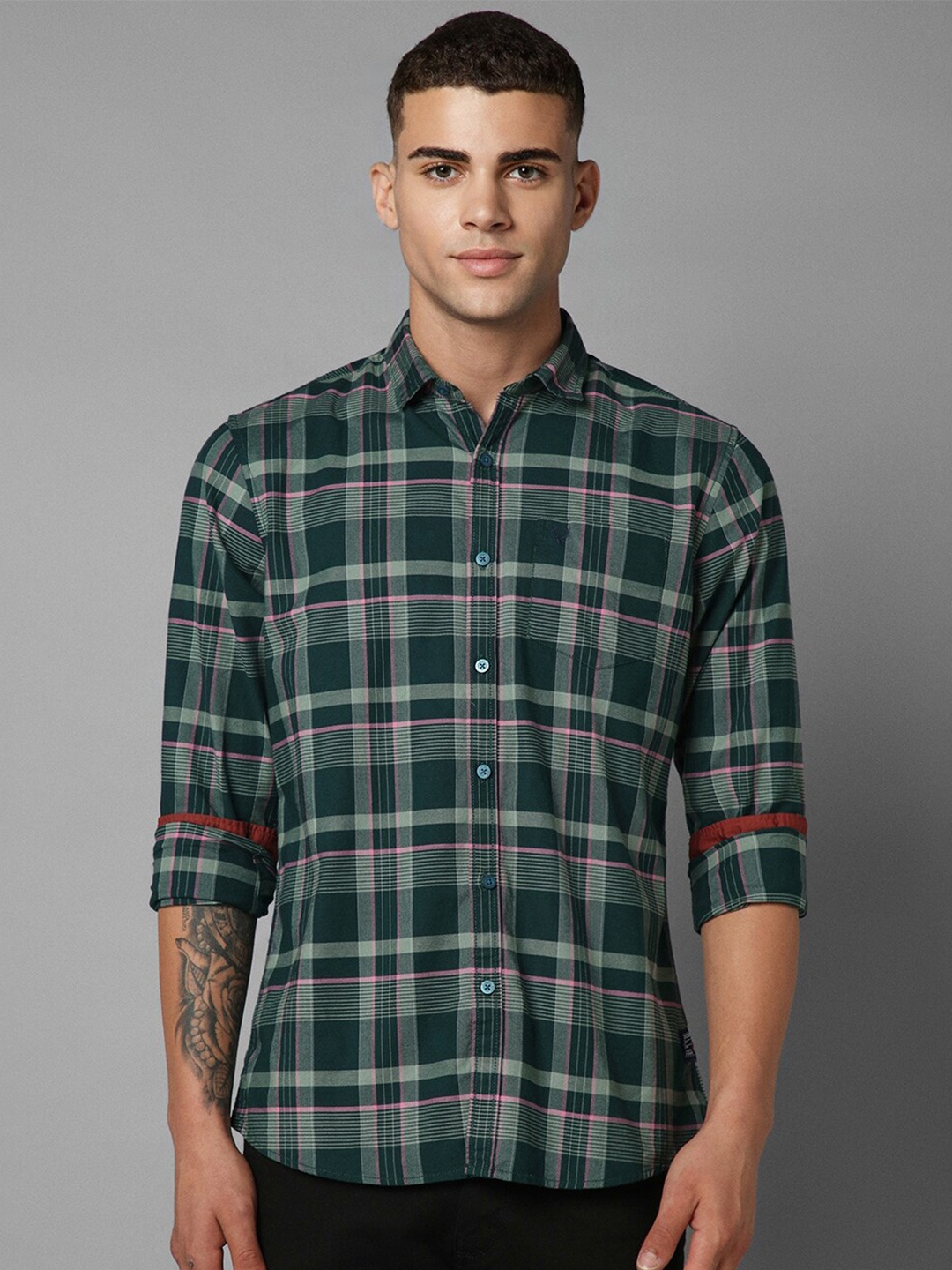 

Allen Solly Custom Fit Tartan Checked Spread Collar Casual Shirt, Green