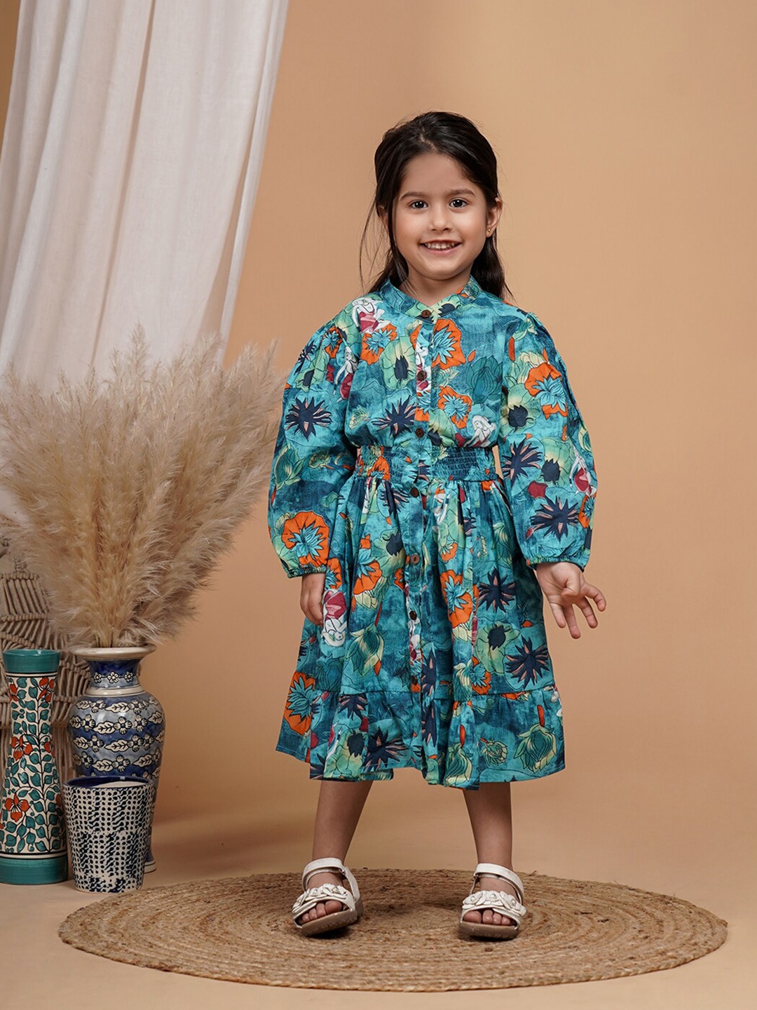 

UNBIND Girls Floral Print Mandarin Collar Cotton Midi Dress, Blue