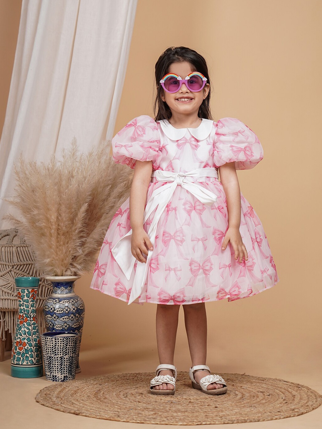 

UNBIND Printed Peter Pan Collar Puff Sleeves Fit & Flare Dress, Pink