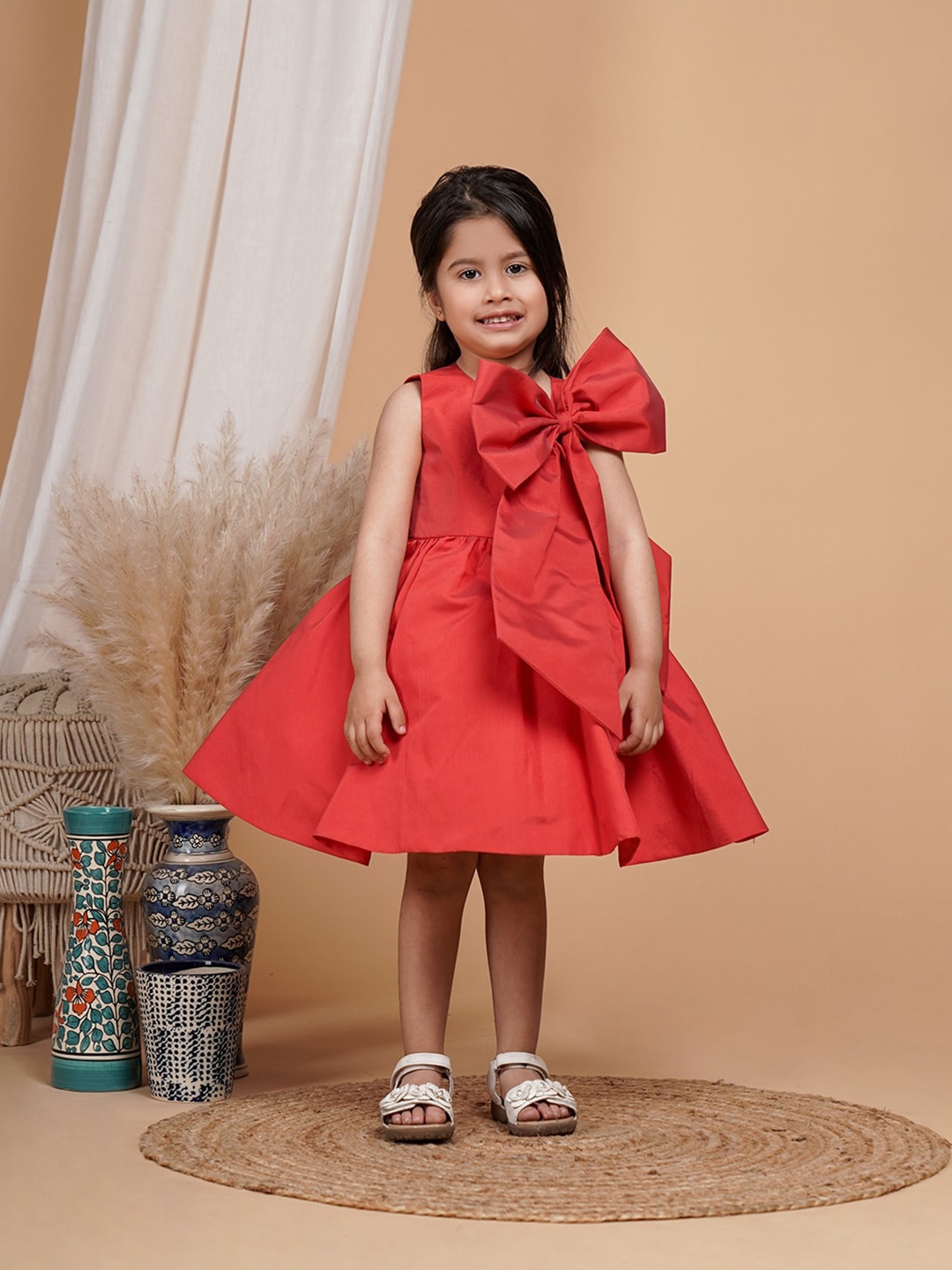

UNBIND Girls Round Neck Fit and Flare Dress, Red