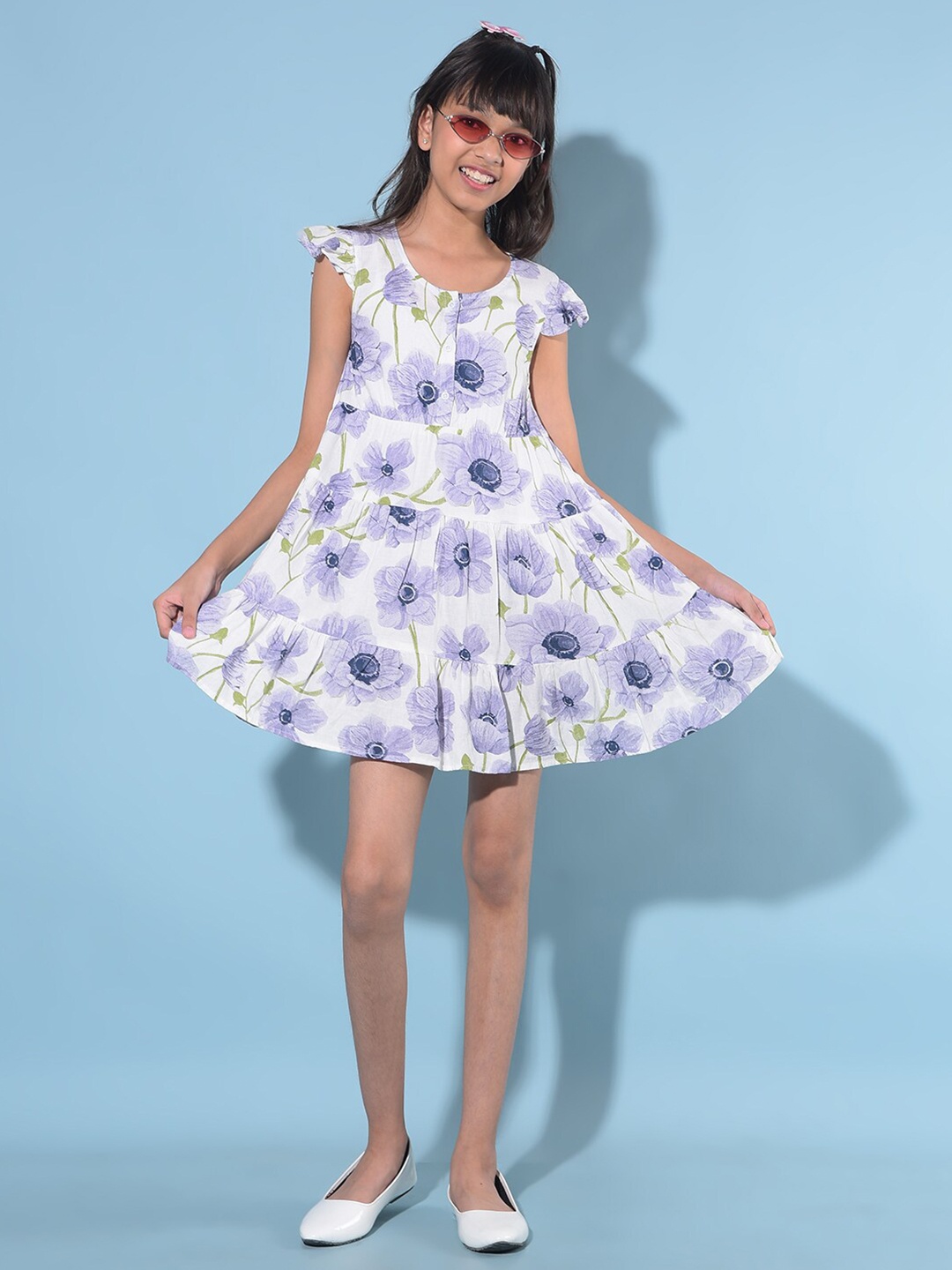 

Crimsoune Club Girls Round Neck Flutter Sleeves Floral Print Fit & Flare Dress, Purple