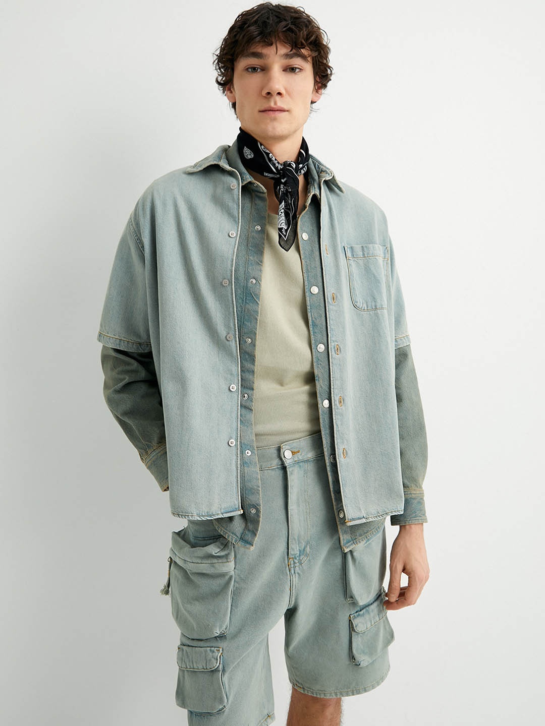 

Koton Spread Collar Short Sleeves Cotton Denim Shacket, Blue