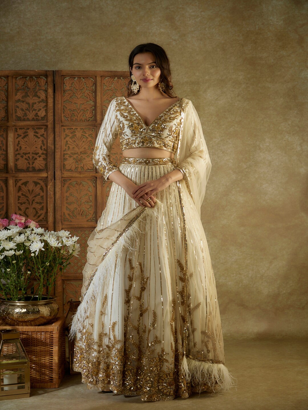 

Mehak Murpana Embellished Sequinned Ready to Wear Lehenga & Blouse With Dupatta, Off white