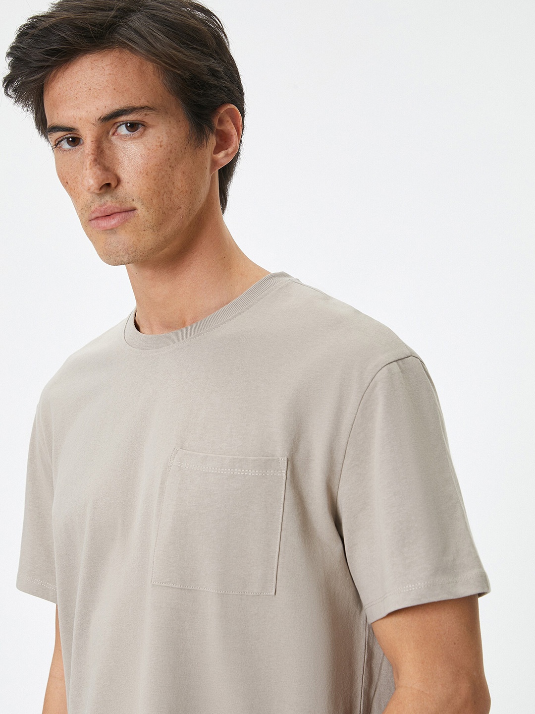 

Koton Round Neck Pockets Pure Cotton Casual T-shirt, Beige