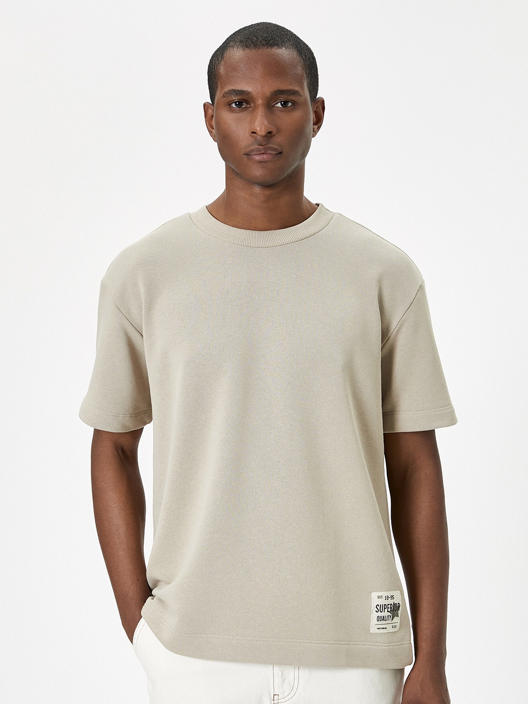 

Koton Round Neck Drop-Shoulder Sleeves Cotton T-shirt, Beige