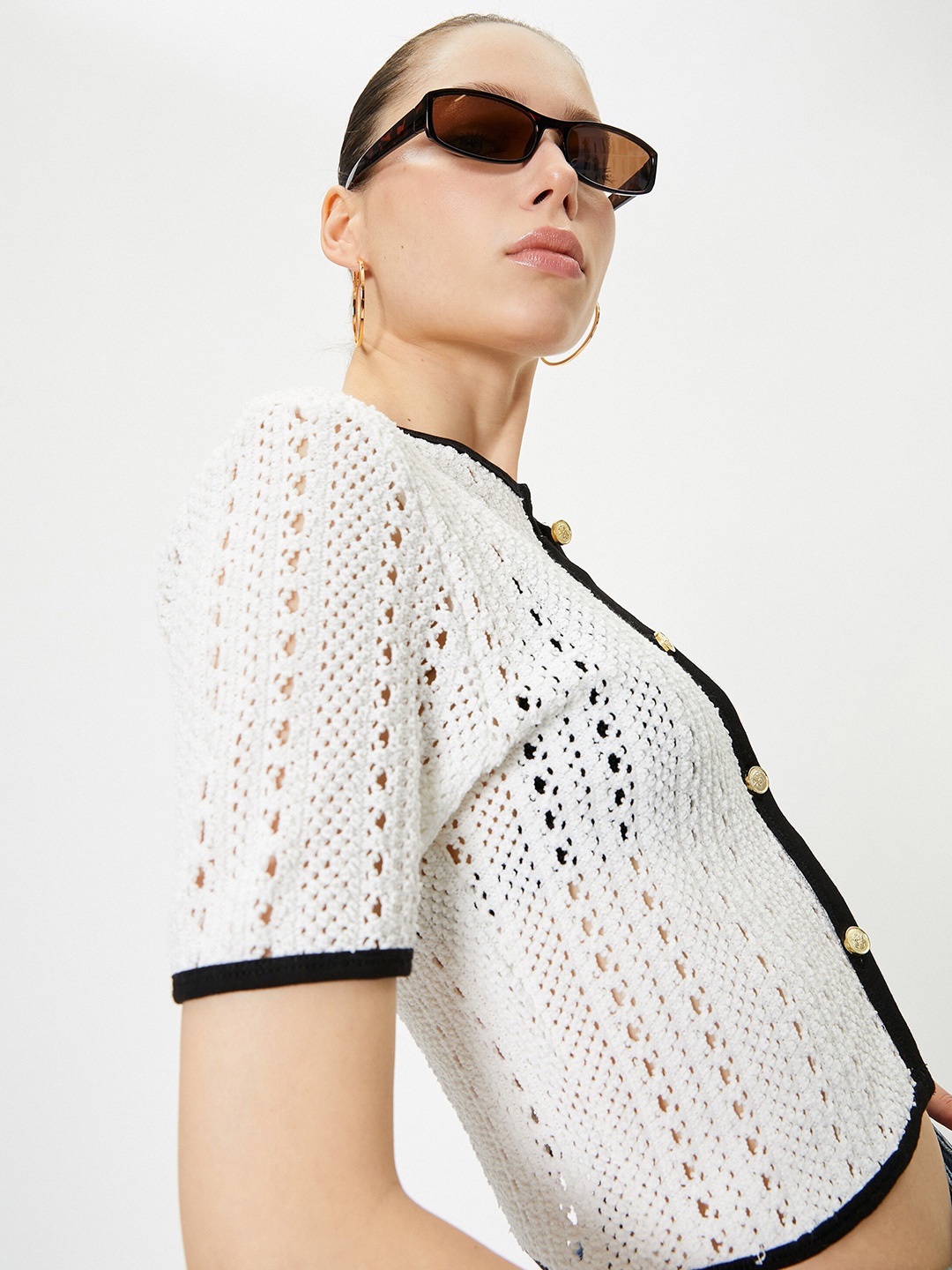 

Koton Self Design Short Round Neck Sleeves Casual Top, White