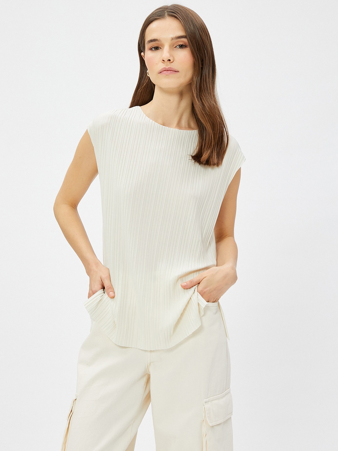 

Koton Striped Round Neck Extended Sleeves Top, Beige