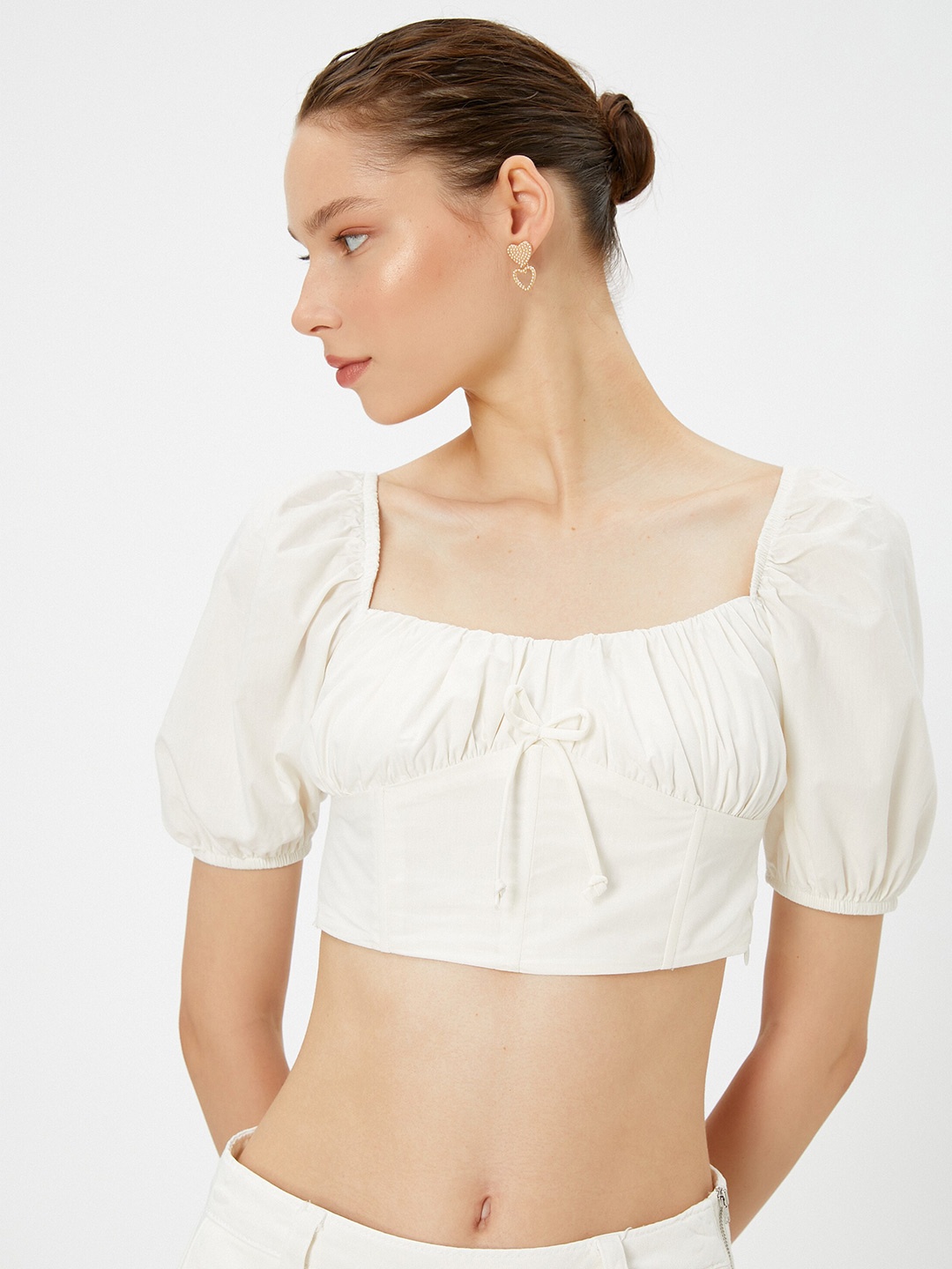 

Koton Puff Sleeve Square Neck Cotton Crop Top, Off white