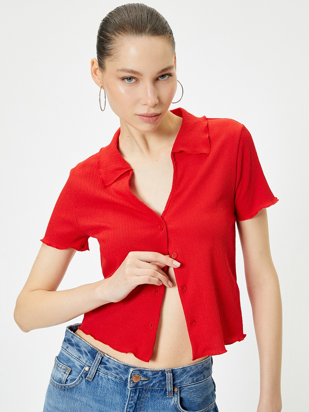 

Koton Short Sleeves Shirt Style Crop Top, Red