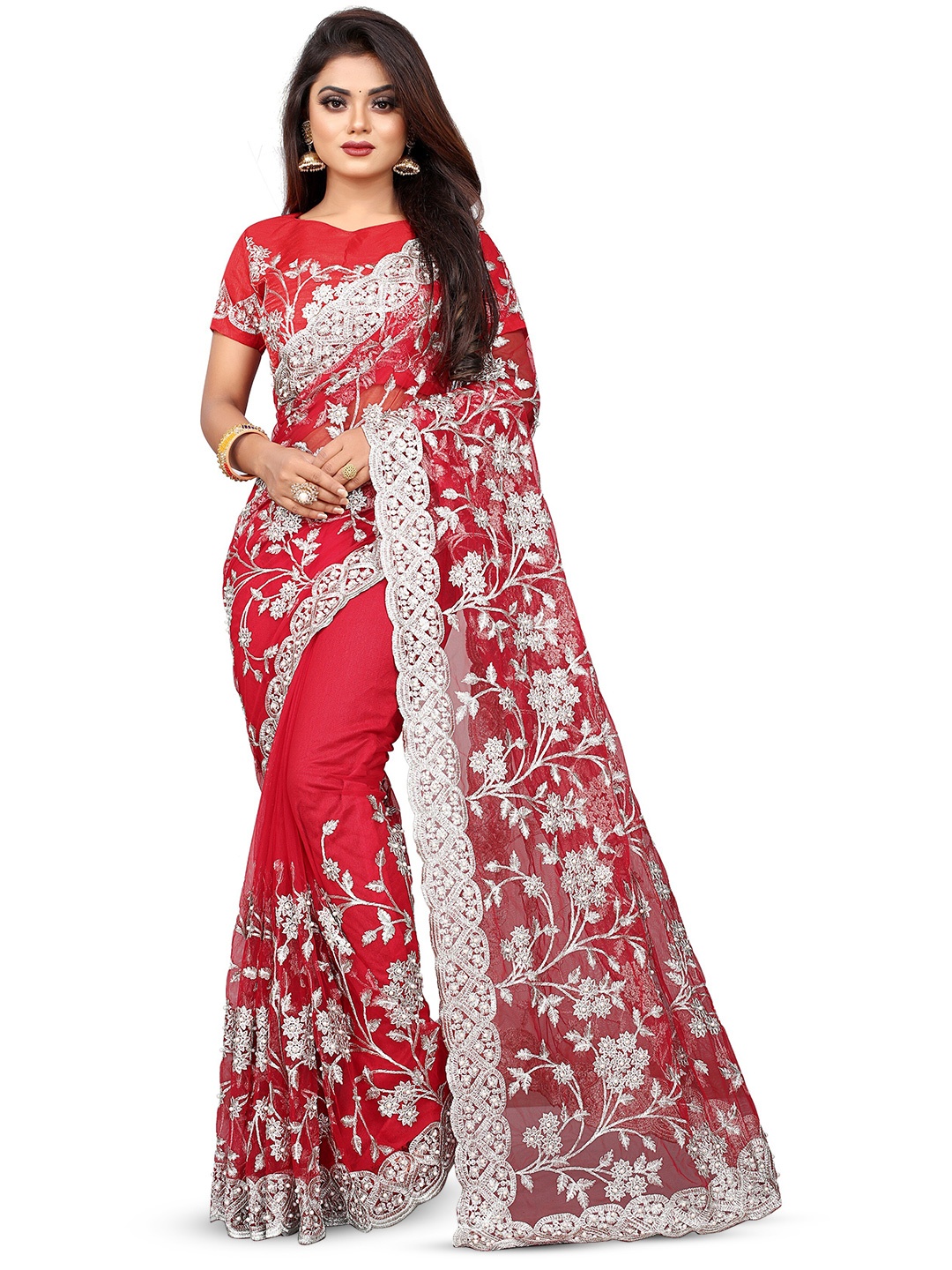 

PARMMRAA DESIGNER Ethnic Motifs Embroidered Net Saree, Red