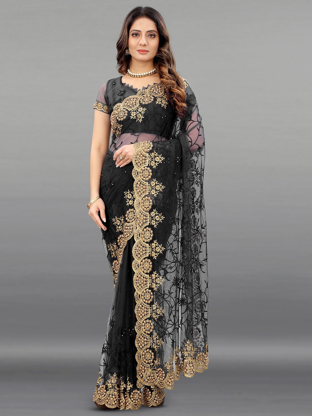 

PARMMRAA DESIGNER Floral Embroidered Net Heavy Work Saree, Black