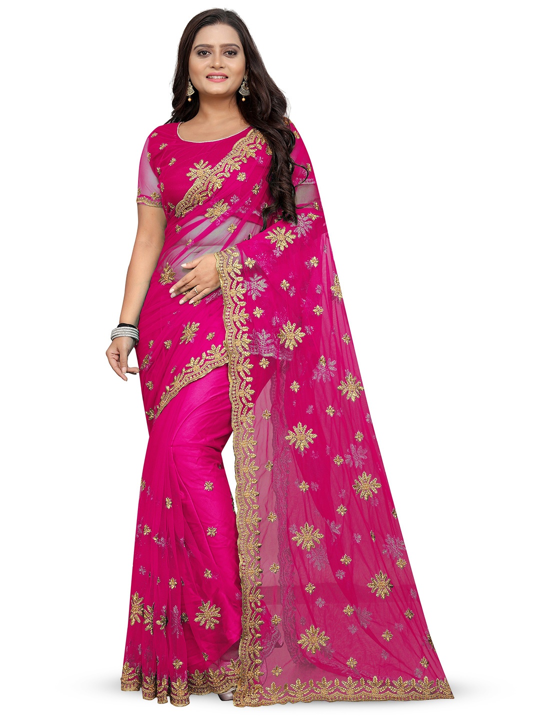 

PARMMRAA DESIGNER Floral Embroidered Net Saree, Pink