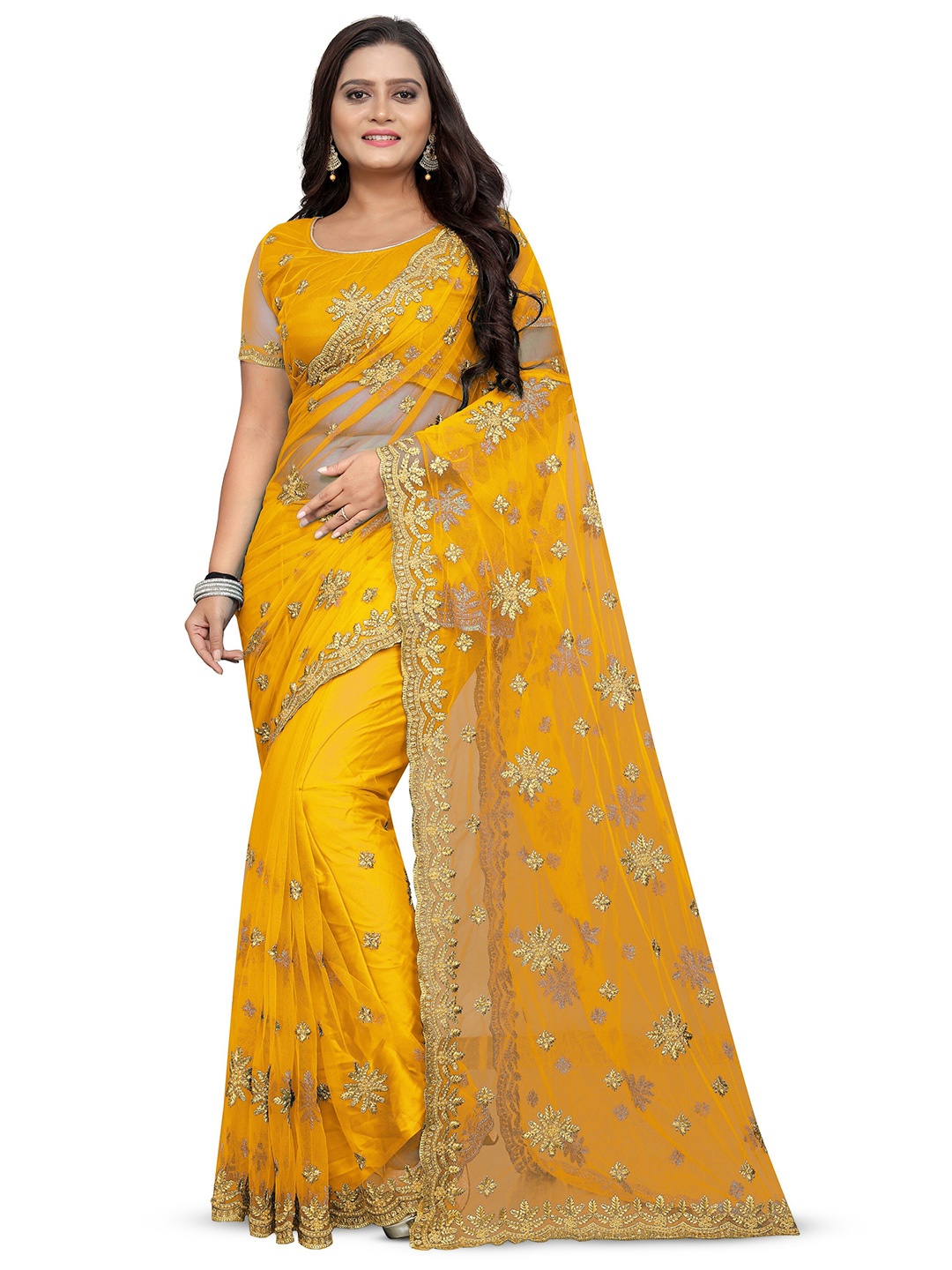 

PARMMRAA DESIGNER Floral Embroidered Net Saree, Yellow