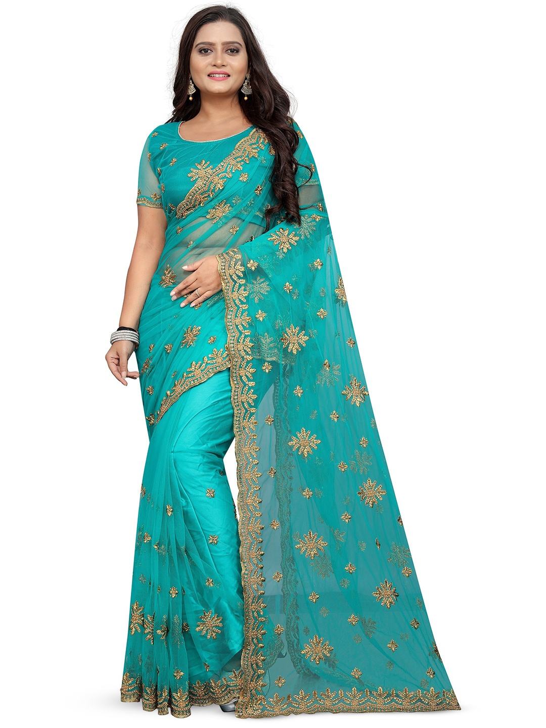 

PARMMRAA DESIGNER Floral Sequinned Net Saree, Blue