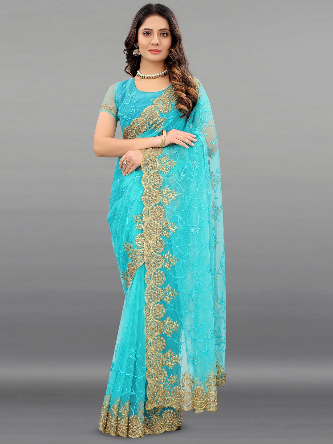 

PARMMRAA DESIGNER Ethnic Motifs Beads and Stones Net Saree, Blue