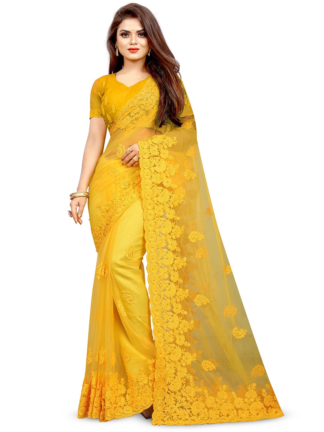 

PARMMRAA DESIGNER Ethnic Motifs Beads and Stones Net Saree, Yellow