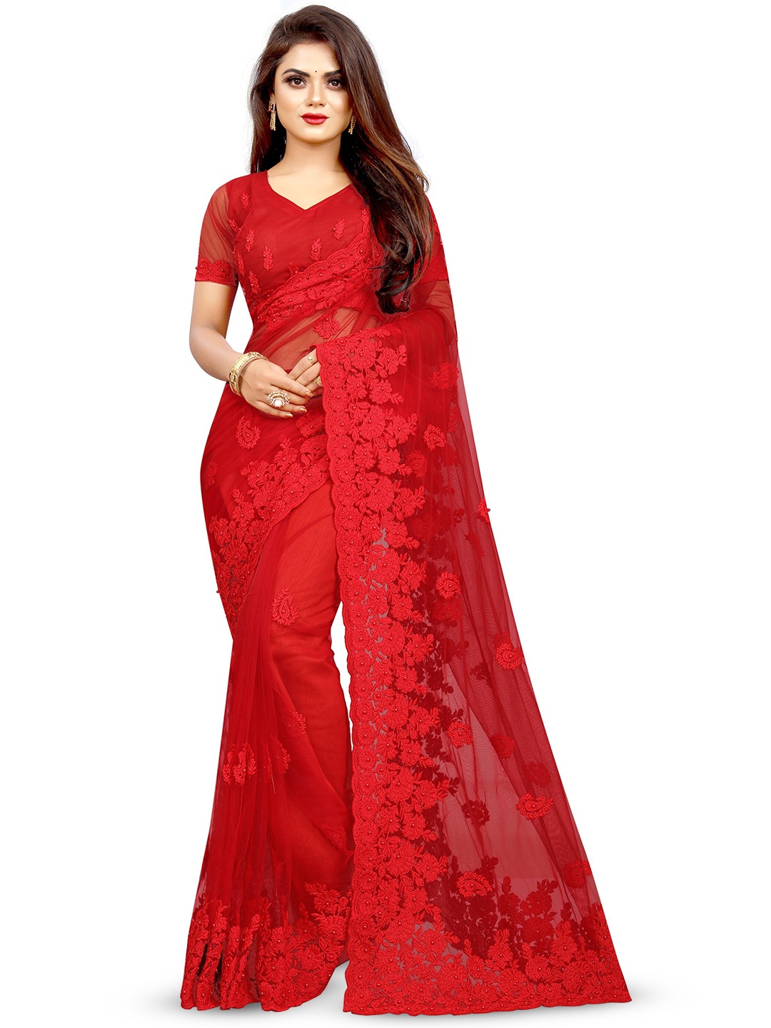 

PARMMRAA DESIGNER Floral Embroidered Net Saree, Red