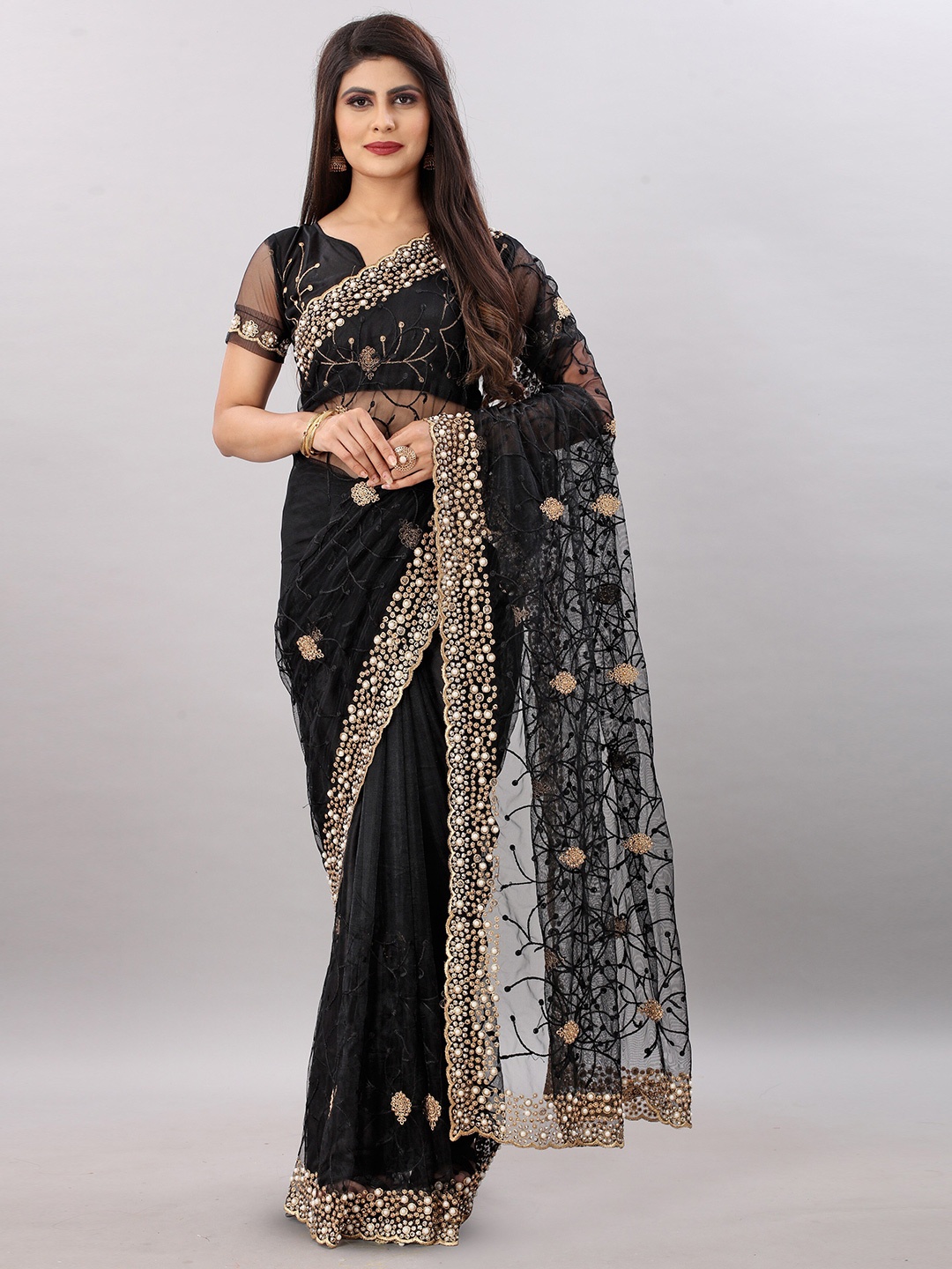 

PARMMRAA DESIGNER Ethnic Motifs Beads and Stones Net Saree, Black