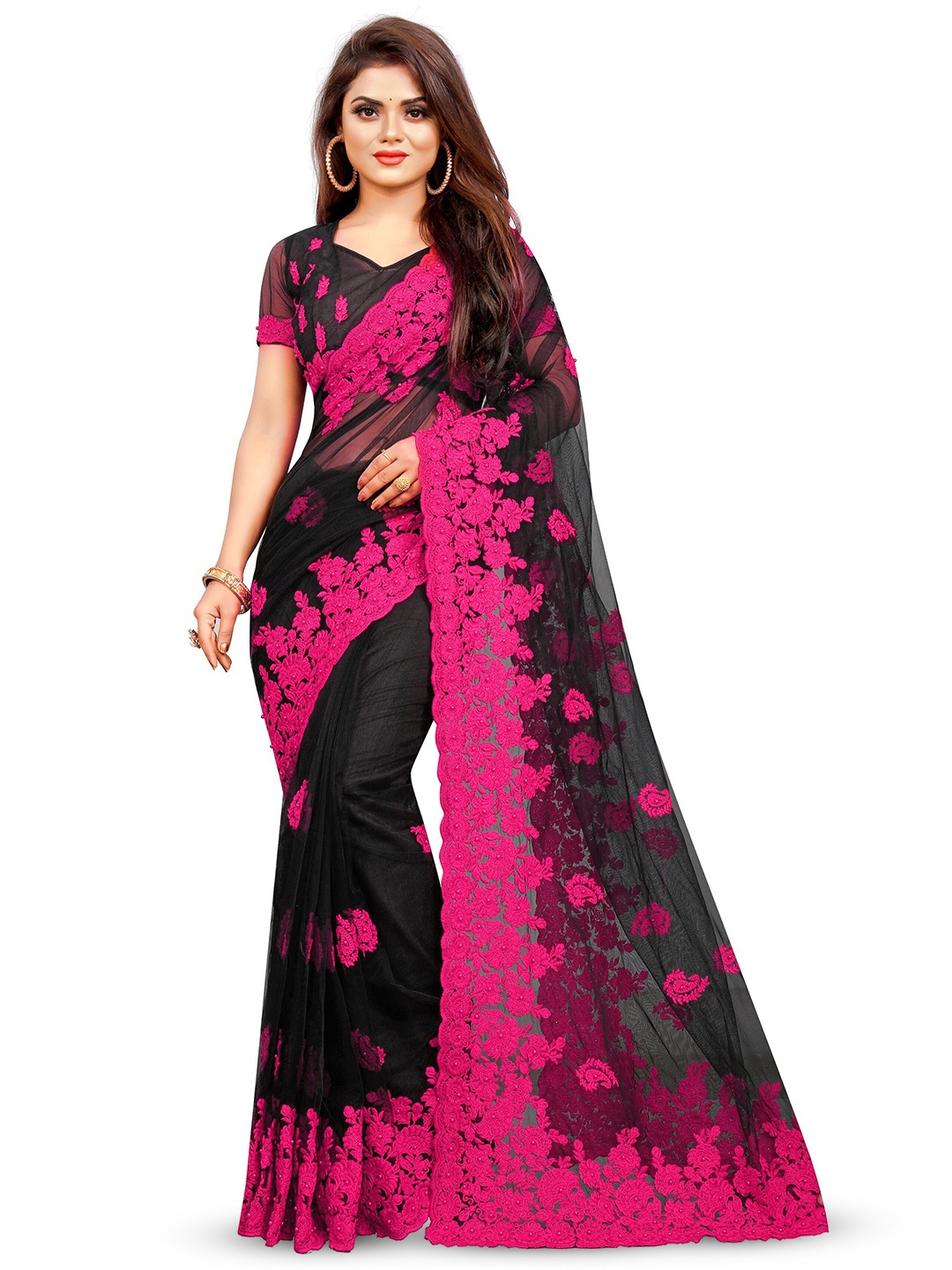 

PARMMRAA DESIGNER Floral Embroidered Net Saree, Black